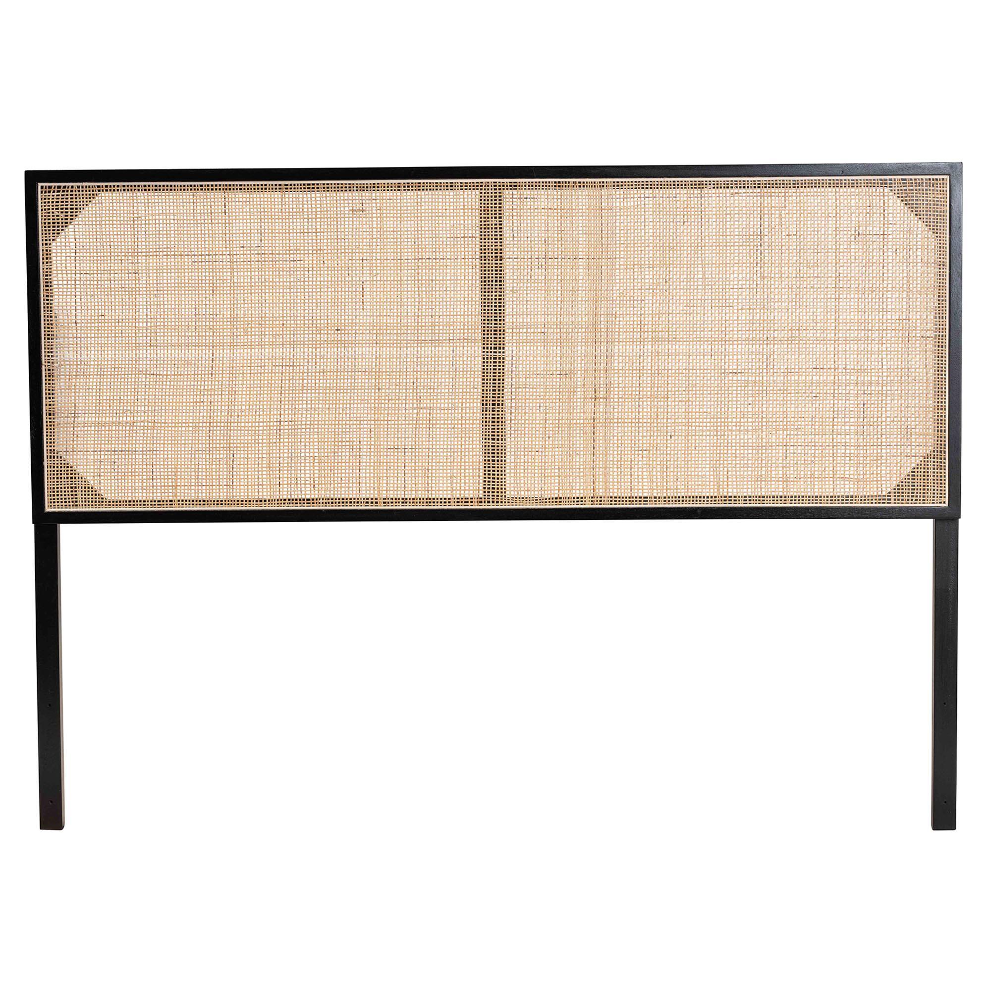 Angle. bali & pari - Aurelia Modern Bohemian Finished Bayur Wood and Natural Rattan Queen Size Headboard - Black/Natural Brown.