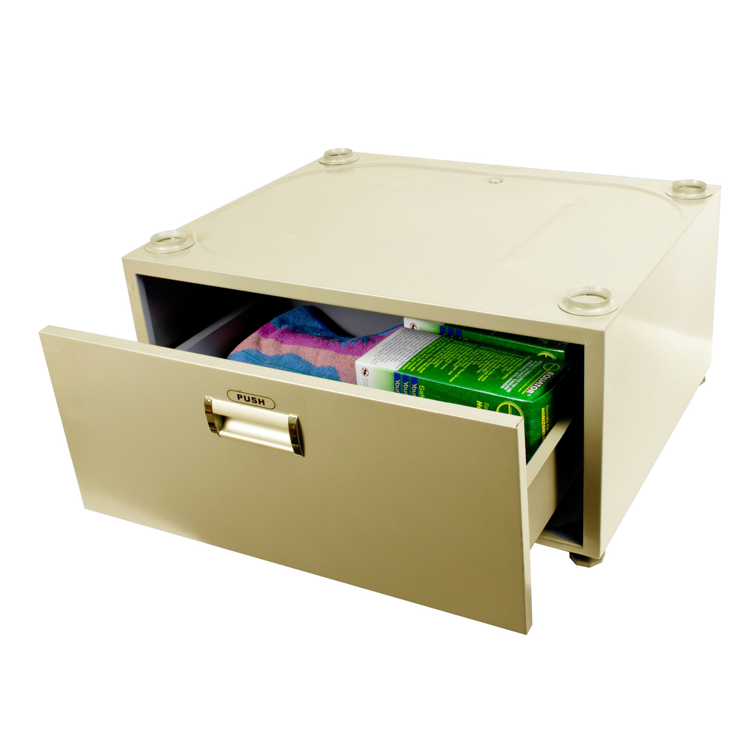 Angle. Equator - Equator 24in Laundry Pedestal 11in tall + Rollout Storage Drawer Adjustable feet - Gold.
