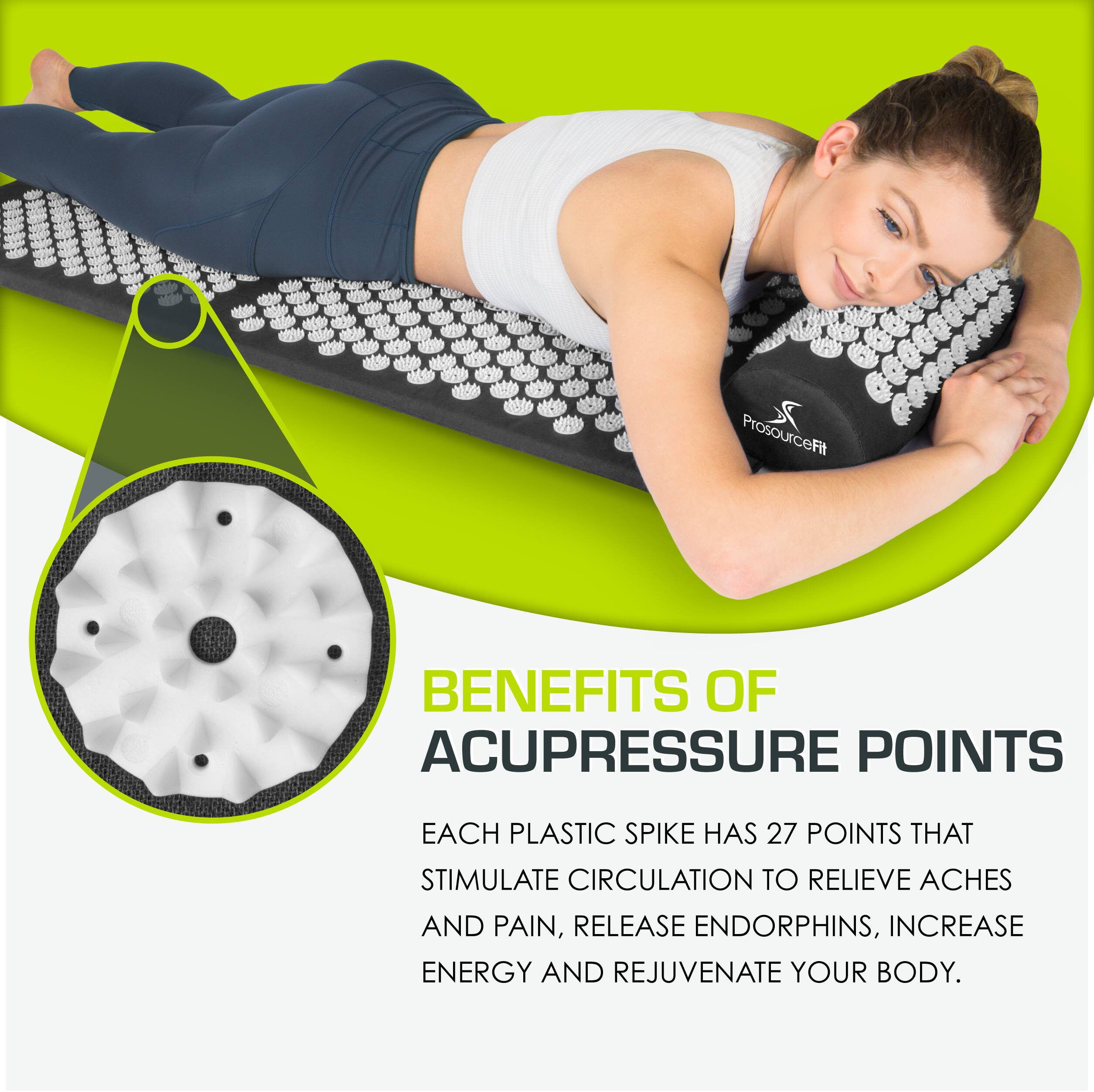 **BENEFITS OF ACUPRESSURE POINTS**

Each plastic spike has 27 points that stimulate circulation to relieve aches and pain, release endorphins, increase energy and rejuvenate your body.