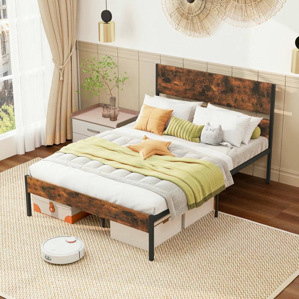 Alt View 5. Kadyn - Platform Bed Frame, Bedroom Bed Frame,Twin/Full/Queen/King Metal Bed Frame with Wooden Headboard and Footboard-Full Size - Brown.