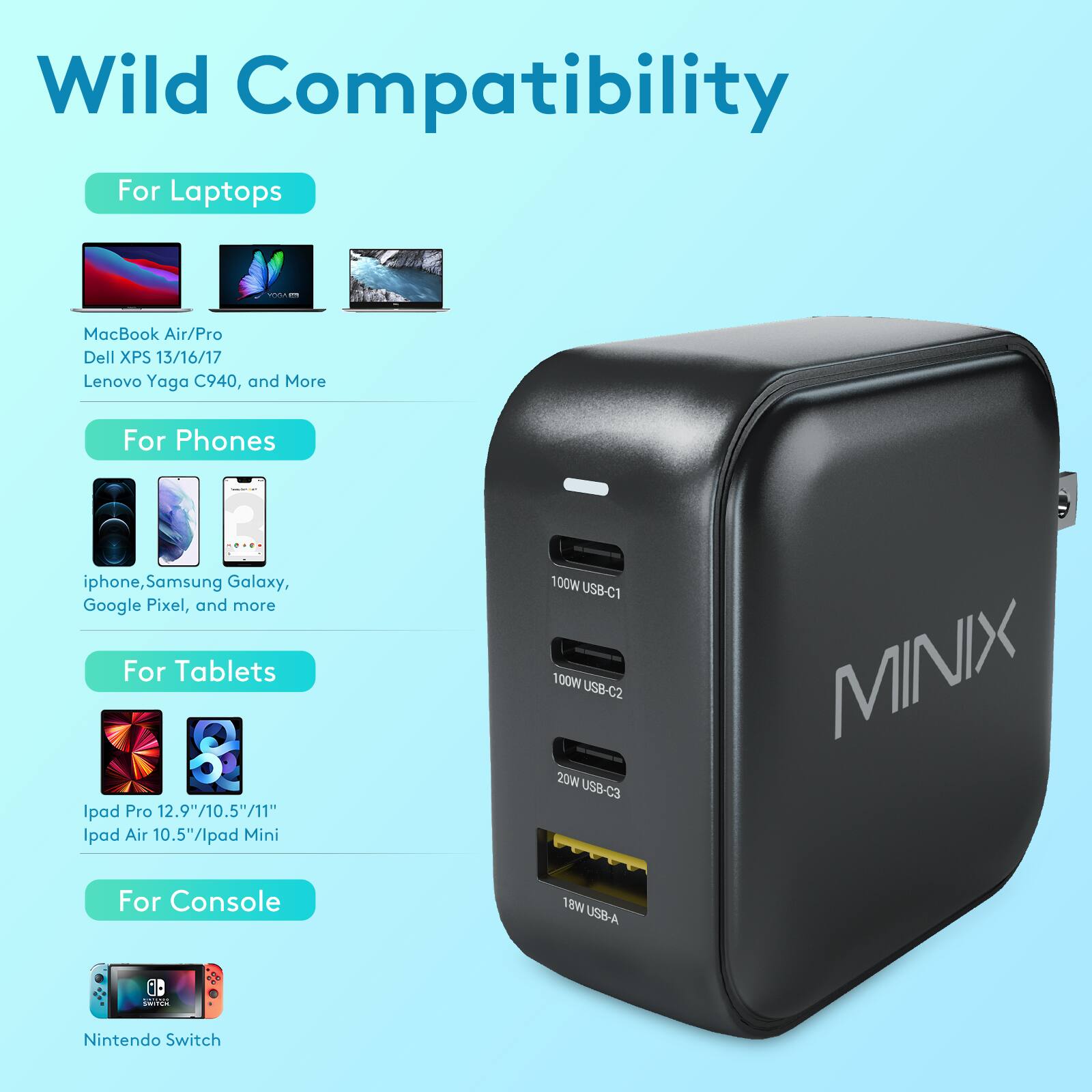 Wild Compatibility: For Laptops - MacBook Air/Pro, Dell XPS 13/16/17, Lenovo Yoga C940, and more. For Phones - iPhone, Samsung Galaxy, Google Pixel, and more. For Tablets - 8.9"/10.5"/11" iPad Pro, 10.5" iPad Air, 10" iPad Mini. For Console - 18W USB-A. For Nintendo Switch - 20W USB-C.