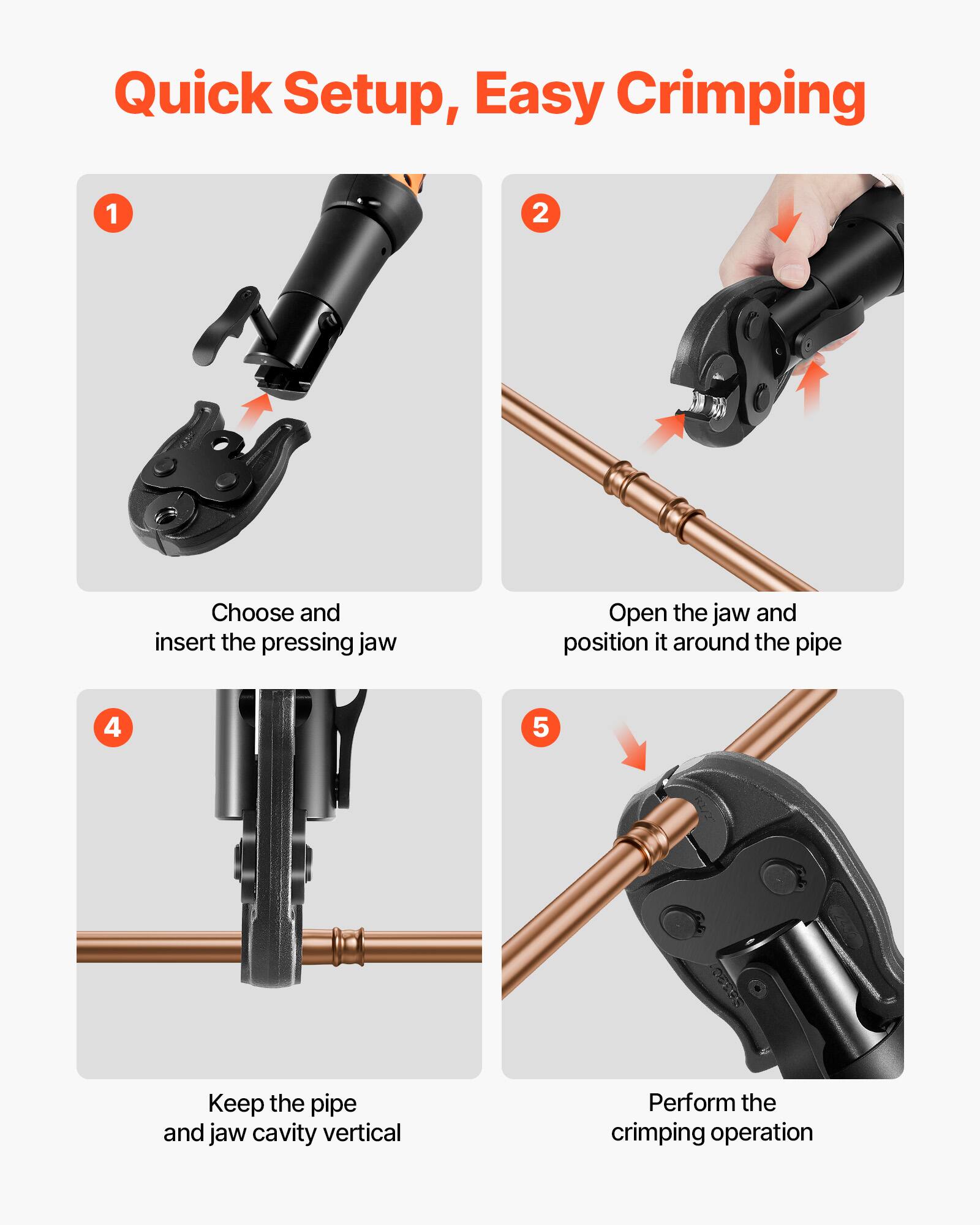 Quick Setup, Easy Crimping

1. Choose and insert the pressing jaw
2. Open the jaw and position it around the pipe
4. Keep the pipe and jaw cavity vertical
5. Perform the crimping operation