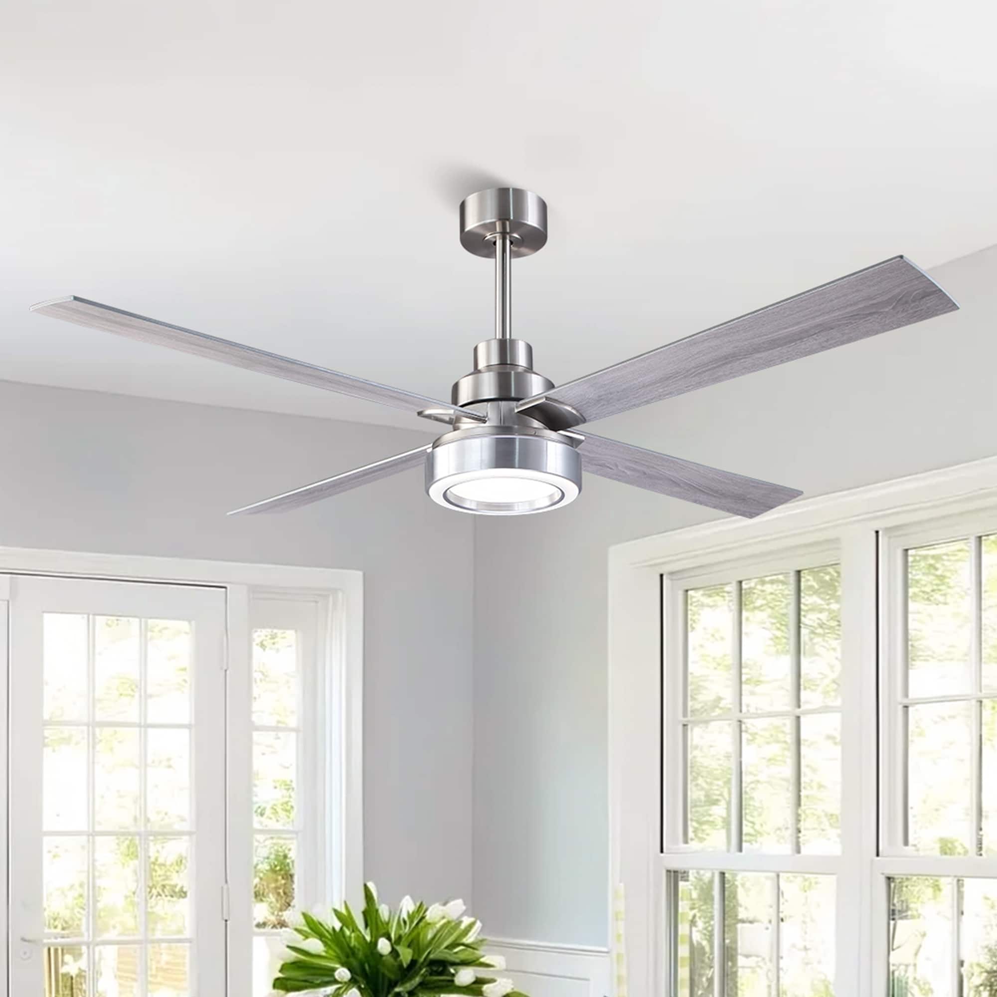 Front. Parrot Uncle - 60" Modern Brushed Nickel Integrated LED Smart Ceiling Fan with Light and App - Sand Nickel.