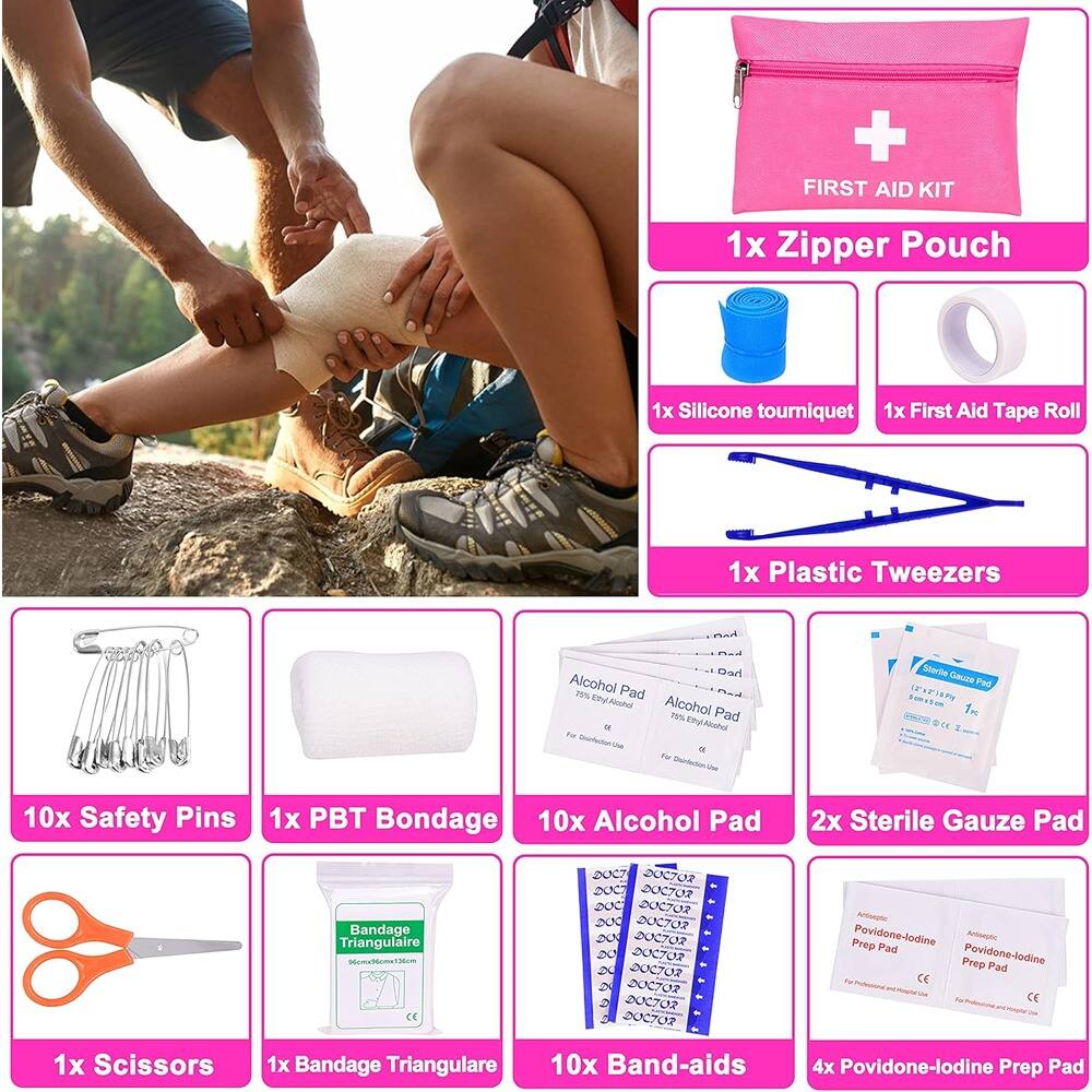 Sure, here is the corrected and grouped text from the image:

---

**FIRST AID KIT**

- 1x Zipper Pouch
- 1x Silicone Tourniquet
- 1x First Aid Tape Roll
- 1x Plastic Tweezers
- 10x Safety Pins
- 1x PBT Bondage
- 10x Alcohol Pad
- 2x Sterile Gauze Pad
- 1x Scissors
- 1x Bandage Triangulaire
- 10x Band-aids
- 4x Povidone-Iodine Prep Pad

---