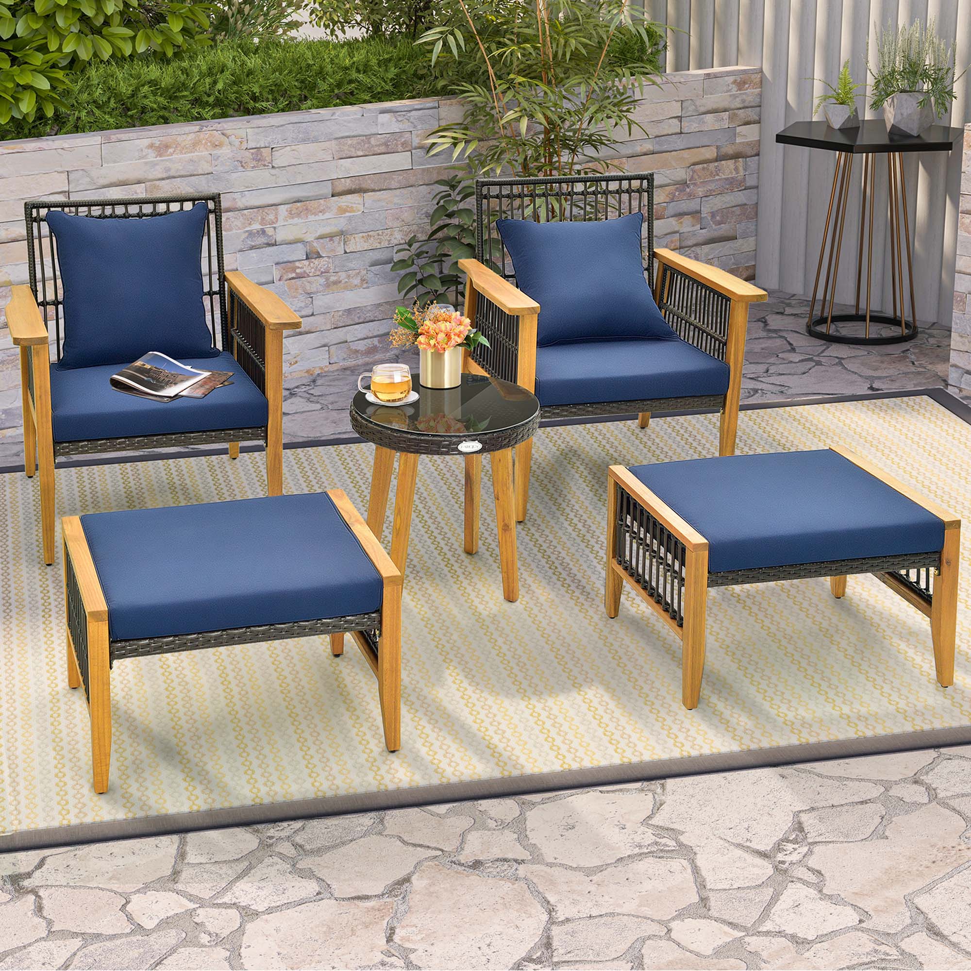Alt View 3. Costway - 5 Pcs Patio Acacia Wood Wicker Woven Furniture Set with Coffee Table & 2 Ottomans - Navy.