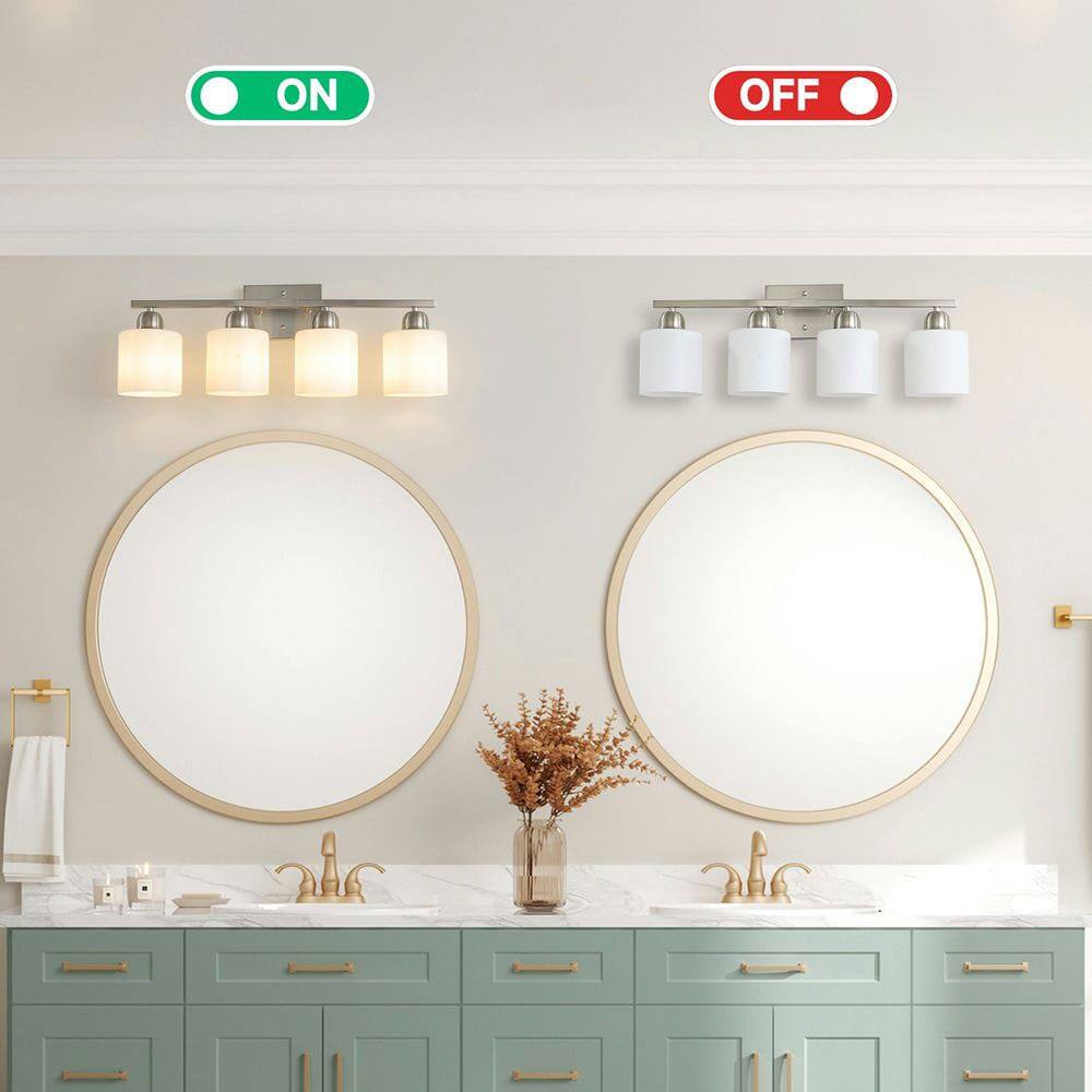Back. Kadyn - Brushed Nickel Bathroom Light Fixtures, 4-Light Modern Vanity Light, Wall Sconces with Milky White Frosted Glass Shades - Silver.
