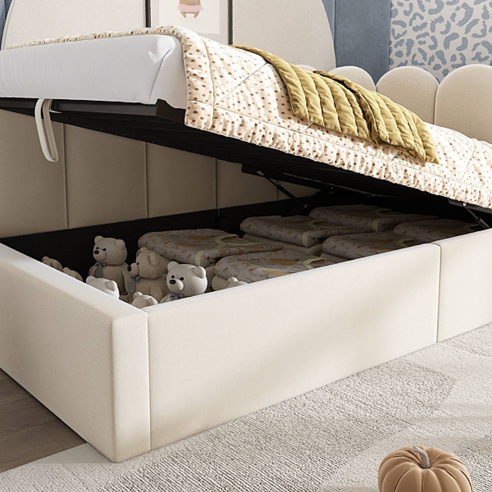 Angle. GOODSILO - Upholstered Daybed with Hydraulic Storage, Twin Size Sofa Bed Frame with Metal Slats and Velvet Covering - Beige.