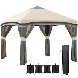Outsunny - 10' x 10' Pop Up Canopy Tent with Netting, Instant Tents for Parties, Height Adjustable, with Wheeled Carry Bag - Beige