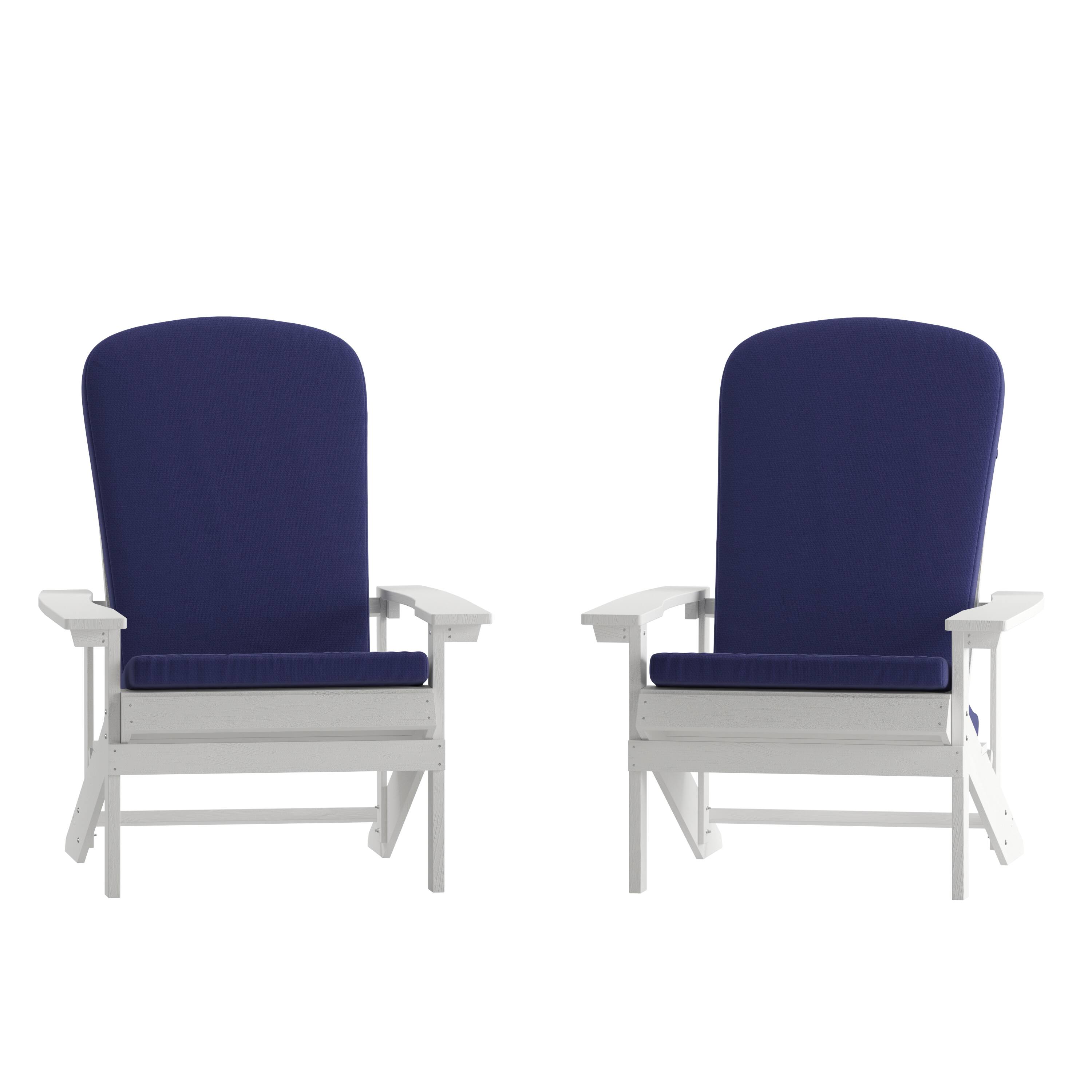Front. Emma + Oliver - Hammond Set of Two All-Weather Polyresin Adirondack Chairs with Cushions - Blue Cushions/White Frame.