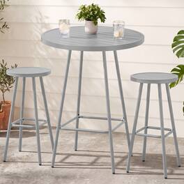 Best Choice Products - 3-Piece Steel Patio Bar Height Round Bistro Set w/ Backless Stools, Slatted Design - Gray