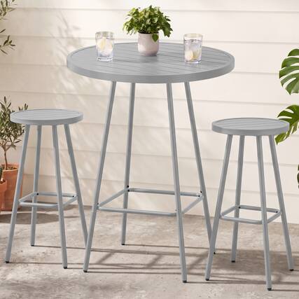 Front. Best Choice Products - Best Choice Products 3-Piece Steel Patio Bar Height Round Bistro Set w/ Backless Stools, Slatted Design - Gray - Gray.