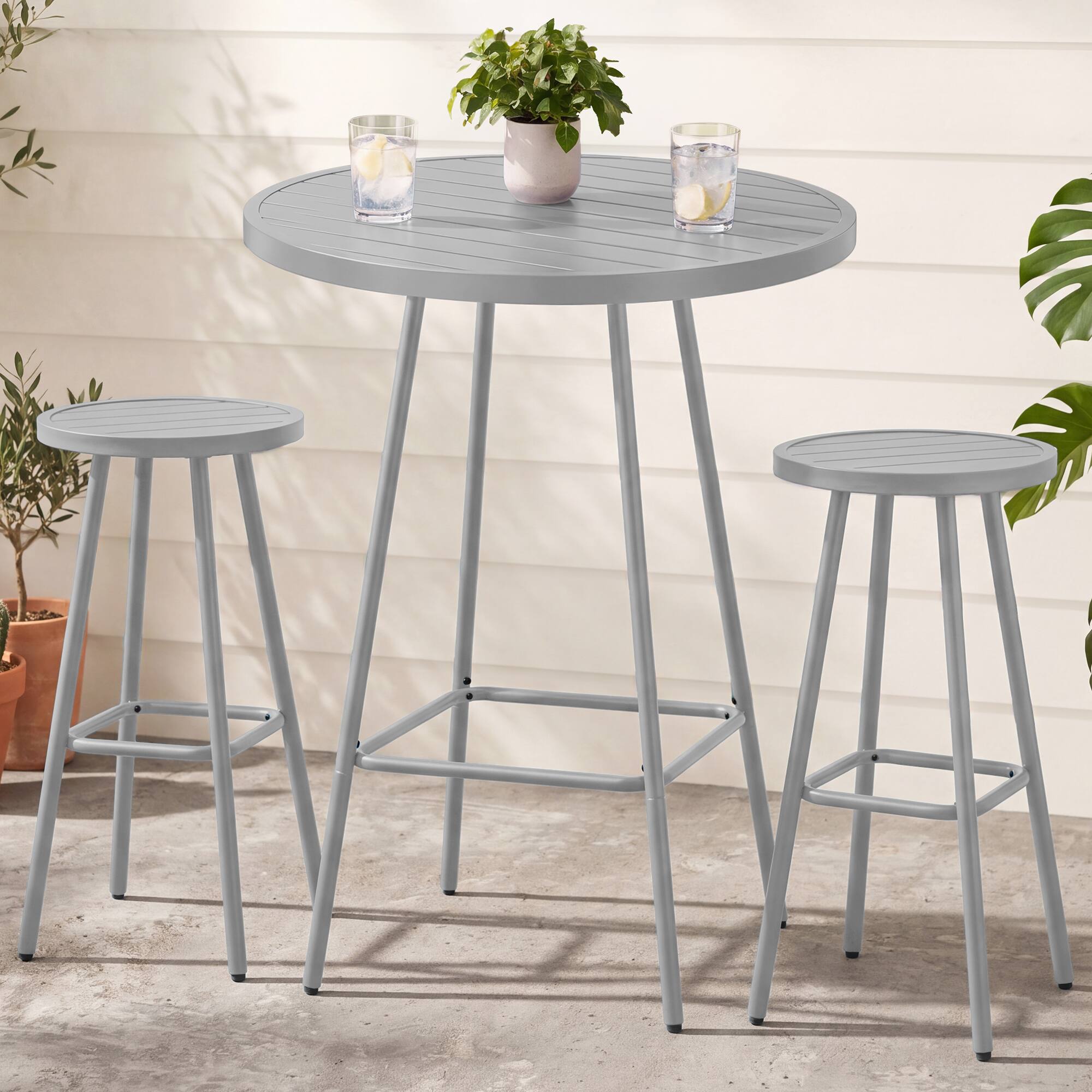 Front. Best Choice Products - Best Choice Products 3-Piece Steel Patio Bar Height Round Bistro Set w/ Backless Stools, Slatted Design - Gray - Gray.