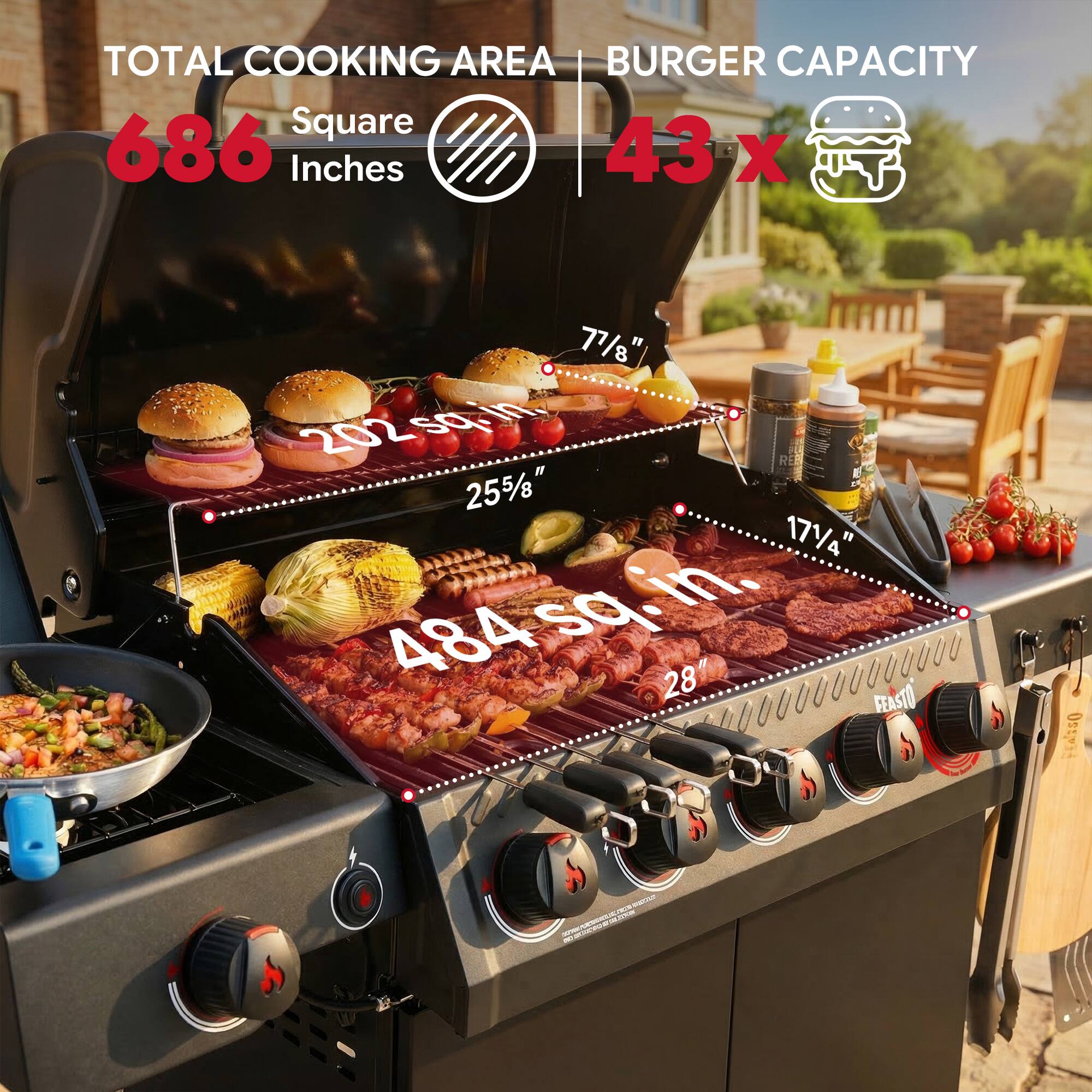 TOTAL COOKING AREA BURGER CAPACITY  
686 Square Inches  
43 x 7 7/8"  
202 sq. in.  
25 5/8"  
17 1/4"  
484 sq. in.  
28"  
FEASTO FEA150