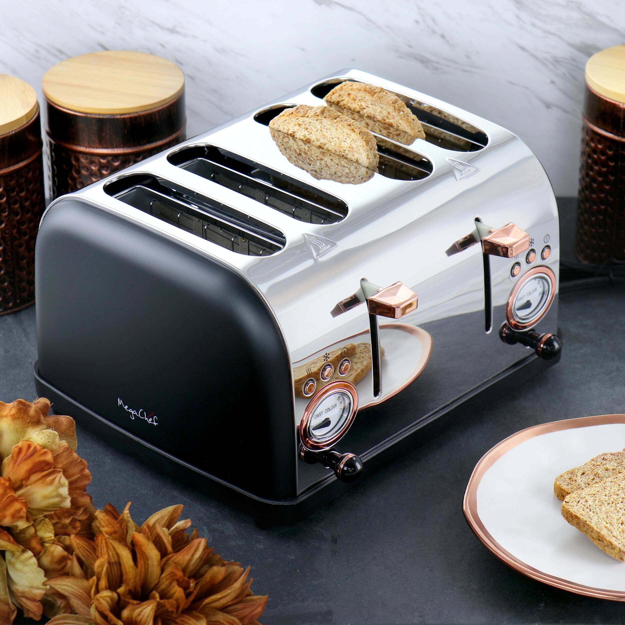 Alt View 4. MegaChef - MegaChef 4 Slice Wide Slot Toaster with Variable Browning in Black and Rose Gold - Black.