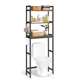 Songmics Home - Over-the-Toilet Storage, 3-Tier Bathroom Organizer Over Toilet with Adjustable Shelves, Hooks, Toilet Paper Holder - Rustic Brown and Ink Black
