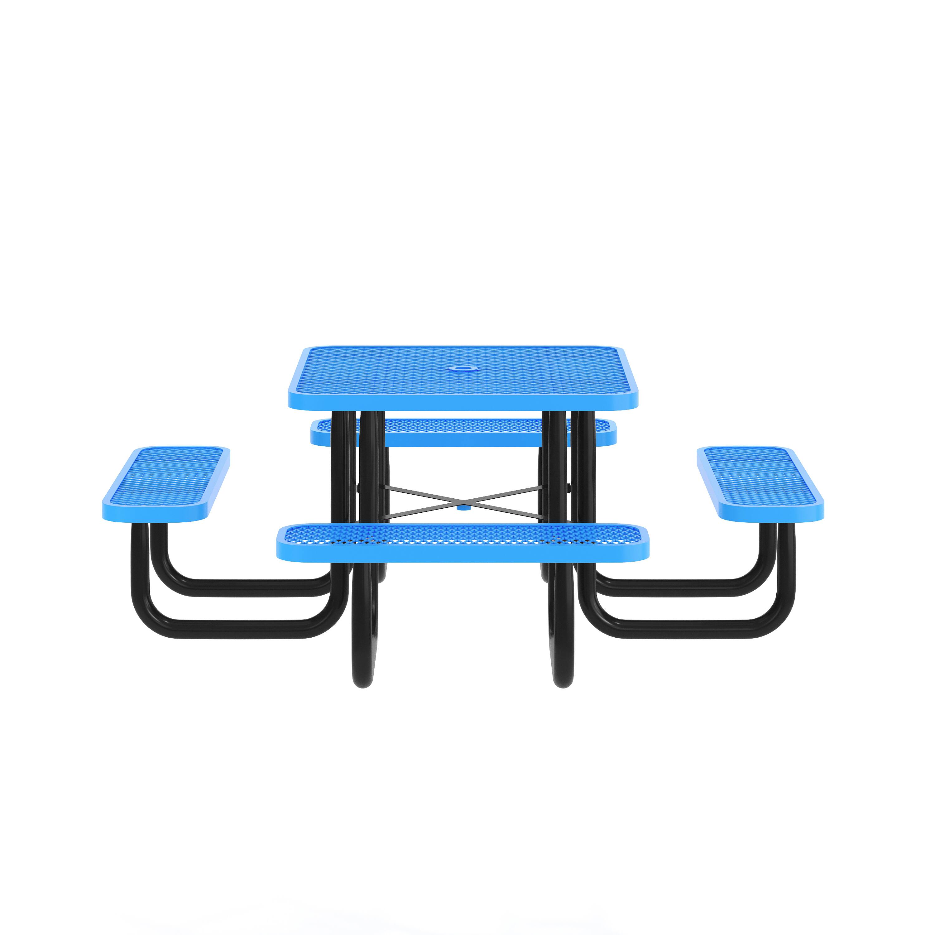 Left. Flash Furniture - Creekside 46" Square Outdoor Picnic Table with Commercial Heavy Gauge Expanded Metal Mesh Seats and Top with Umbrella Ho - Blue.