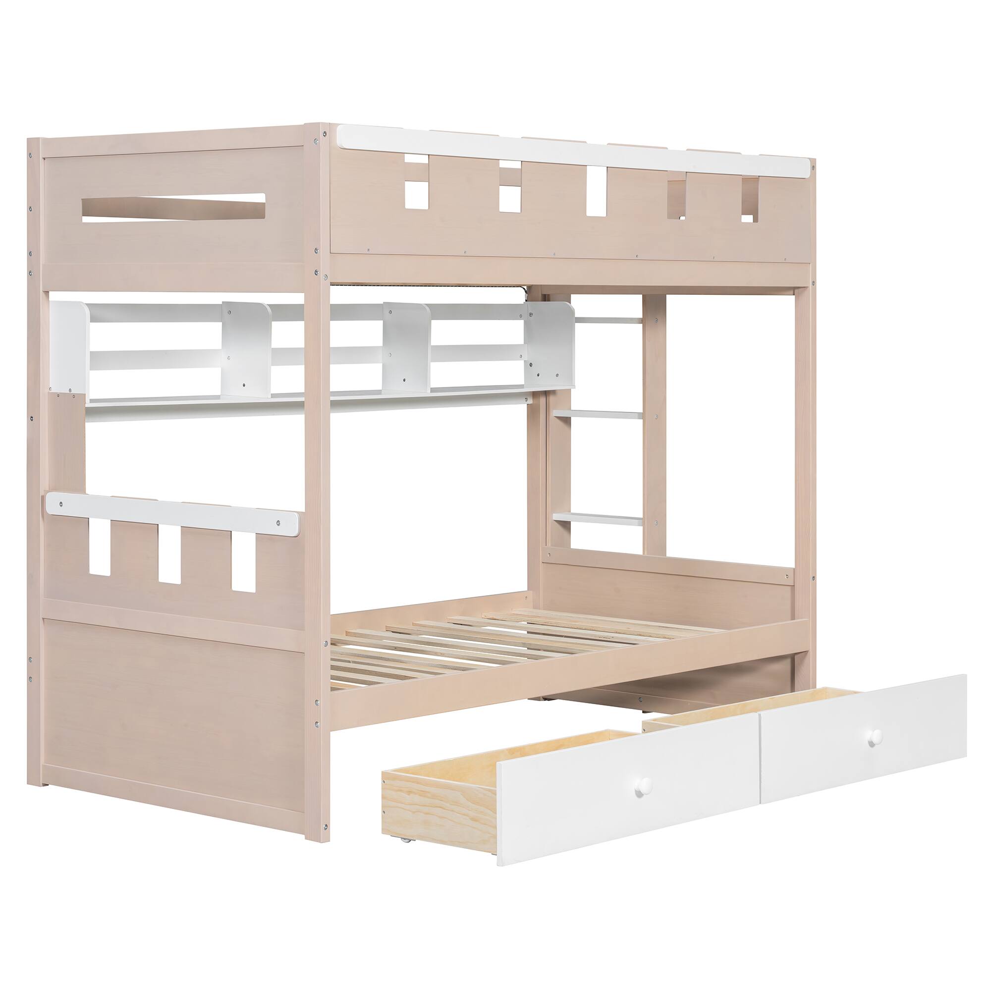Back. Anysun - Twin Size Castle Style Bunk Bed with 2 Drawers,Shelf,and LED - White.