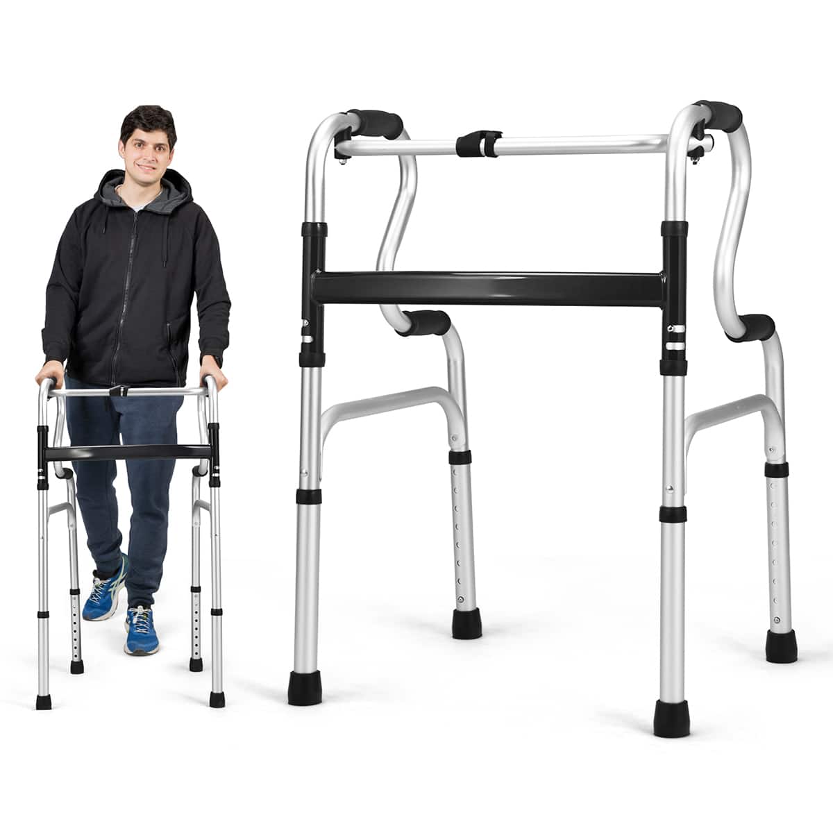 Costway - One-button Folding Walker Aluminum Walking Frame w/ Adjustable Height - Silver