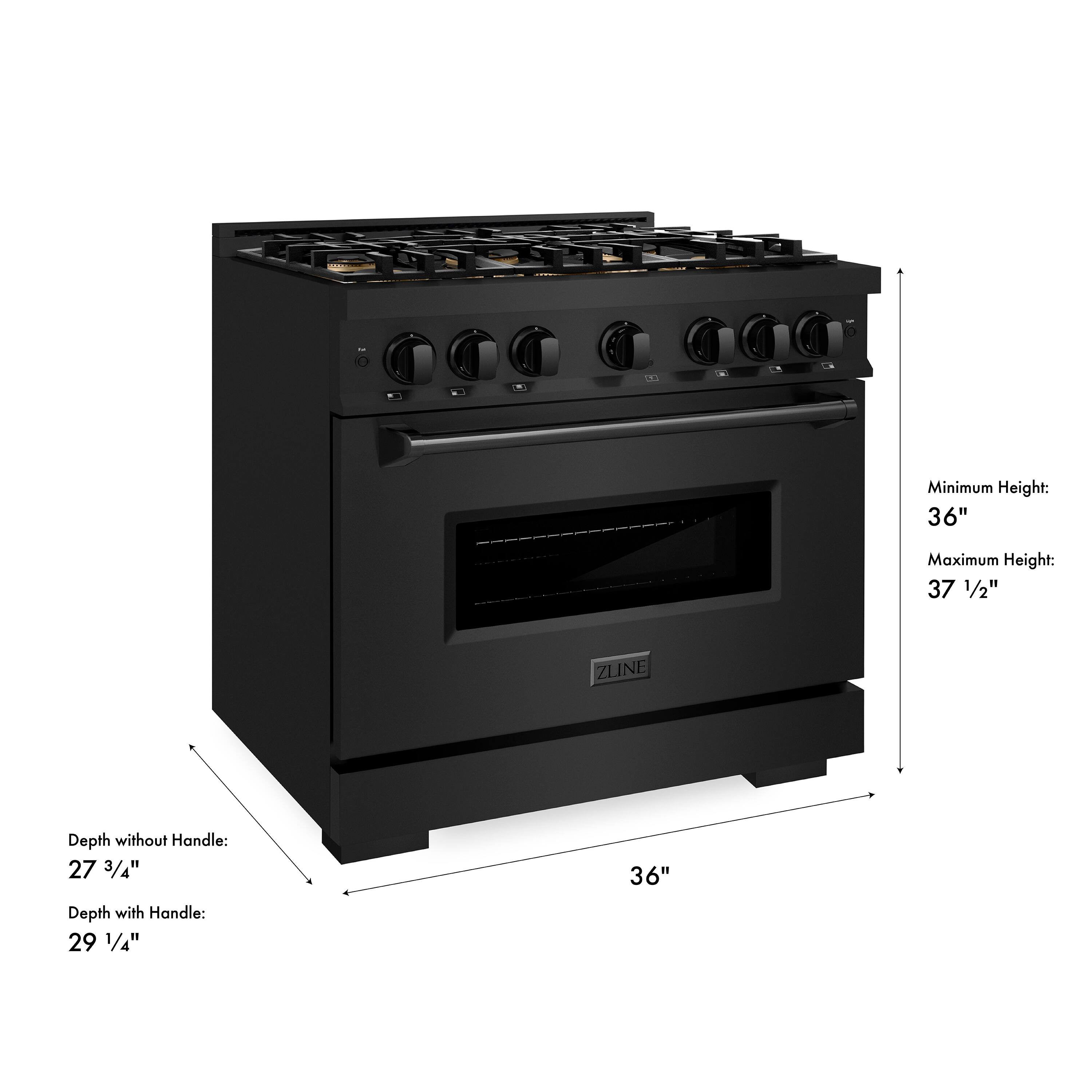 Minimum Height: 36"  
Maximum Height: 37 1/2"  
ZLINE Depth without Handle: 27 3/4"  
Depth with Handle: 29 1/4"  
36"