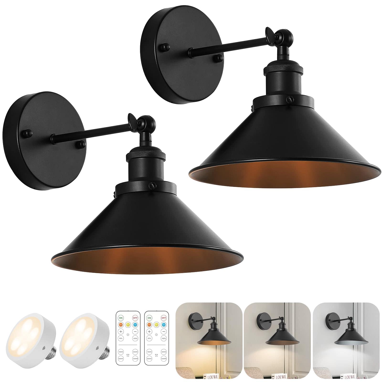Comfort Essence - Vintage Wireless Operated Wall Sconces Industrial Cordless Led Lights Set Of Lamp Fixture Indoor With Remot - Matte Black