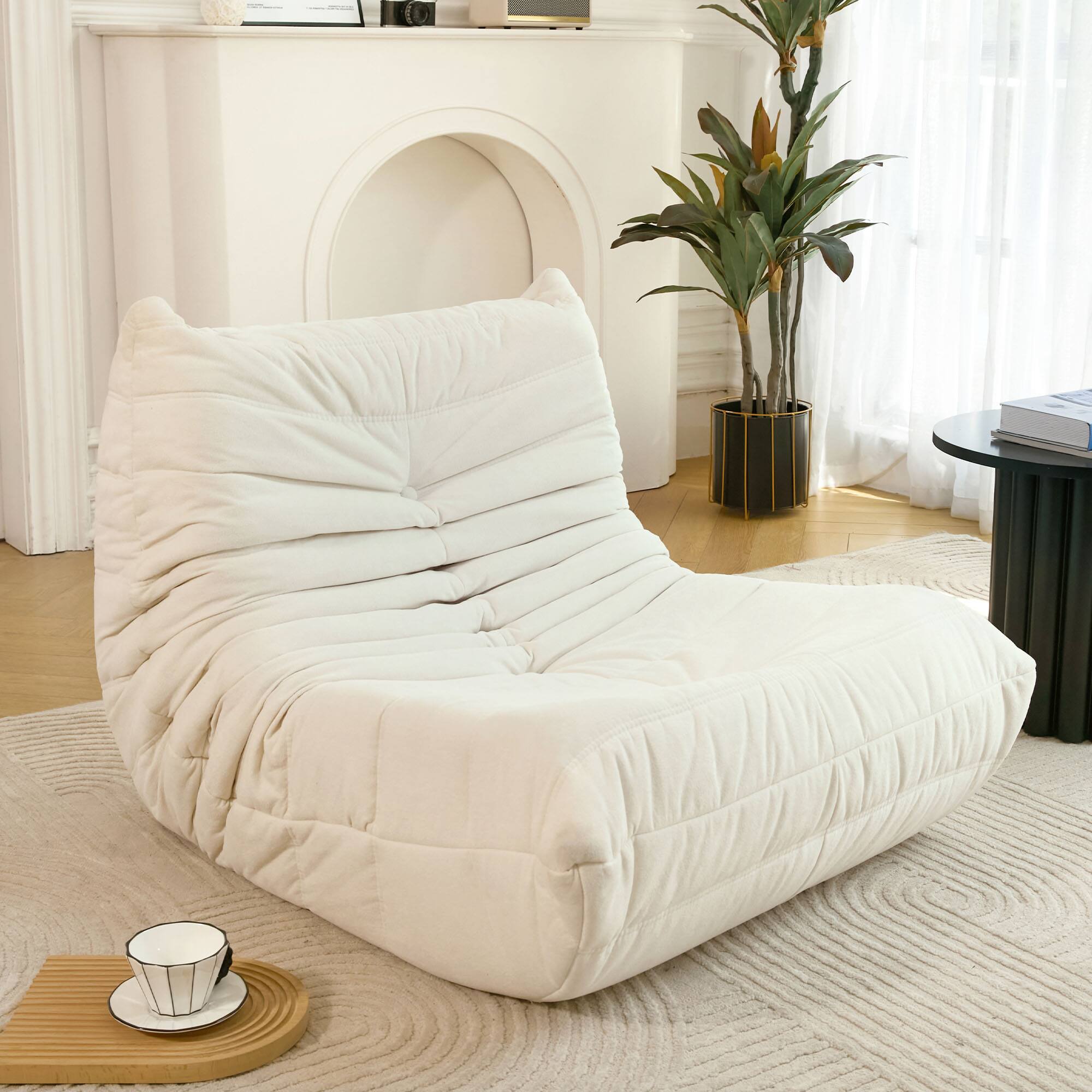 Back. GOODSILO - Large Comfort Bean Bag Lounger Chair with High-Density Foam for Adults, No Assembly Required Sofa in a Box - Off White.