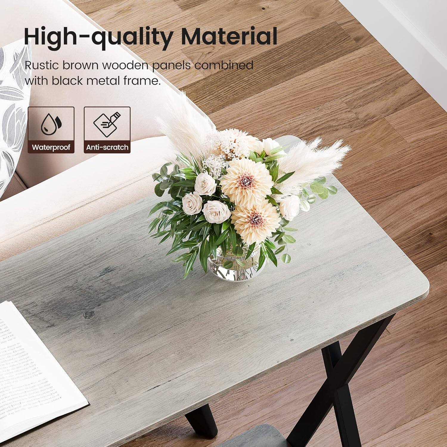 High-quality Material  
Rustic brown wooden panels combined with black metal frame.  

Waterproof  
Anti-scratch
