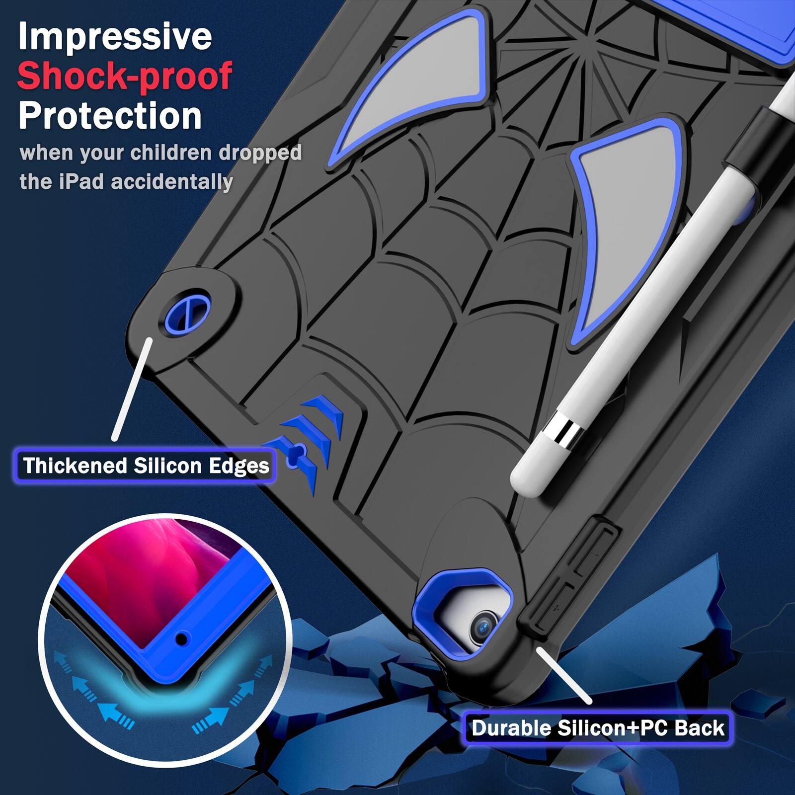 Impressive Shock-proof Protection when your children dropped the iPad accidentally

Thickened Silicon Edges

Durable Silicon+PC Back
