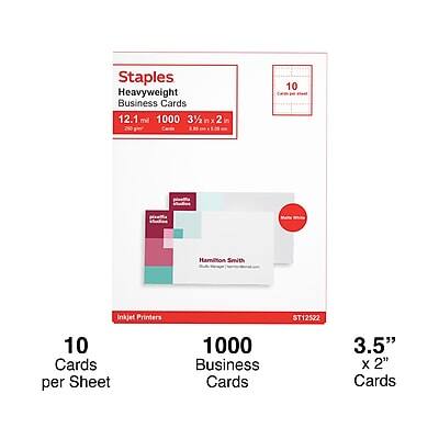 Staples Heavyweight Business Cards  
12.1 ml 1000 3½" x 2"  
10 Cards per Sheet  
1000 Business Cards  
3.5" x 2" Cards  
Hamilton Smith Inkjet Printers  
ST12522