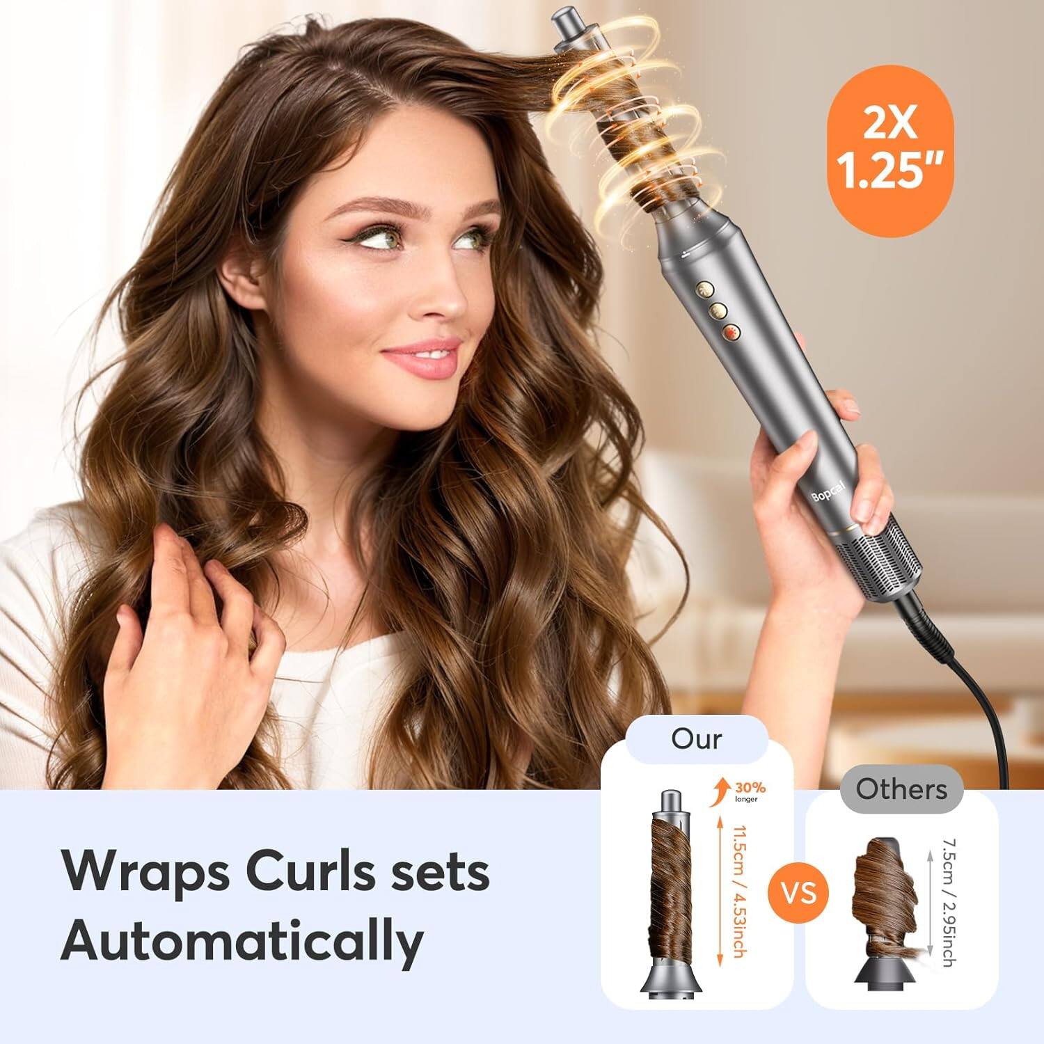 2X 1.25" Bopical  
Wraps Curls sets Automatically  
30% longer  
11.5cm / 4.53inch  
vs  
Others 7.5cm / 2.95inch