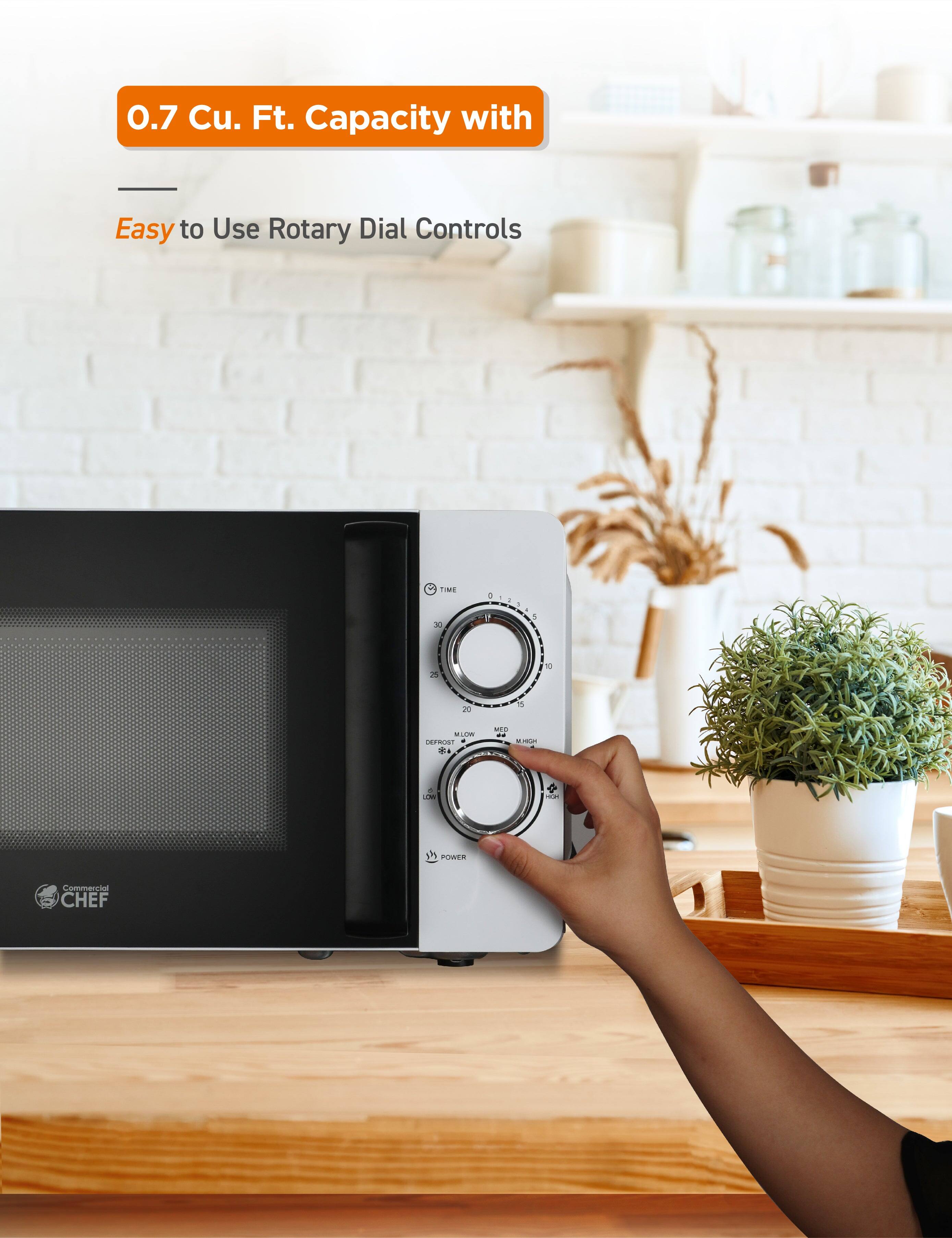 0.7 Cu. Ft. Capacity with Easy to Use Rotary Dial Controls TIME 30 - 30  MED 15  HIGH 20  DEFROST LOW 5  POWER Commercial CHEF