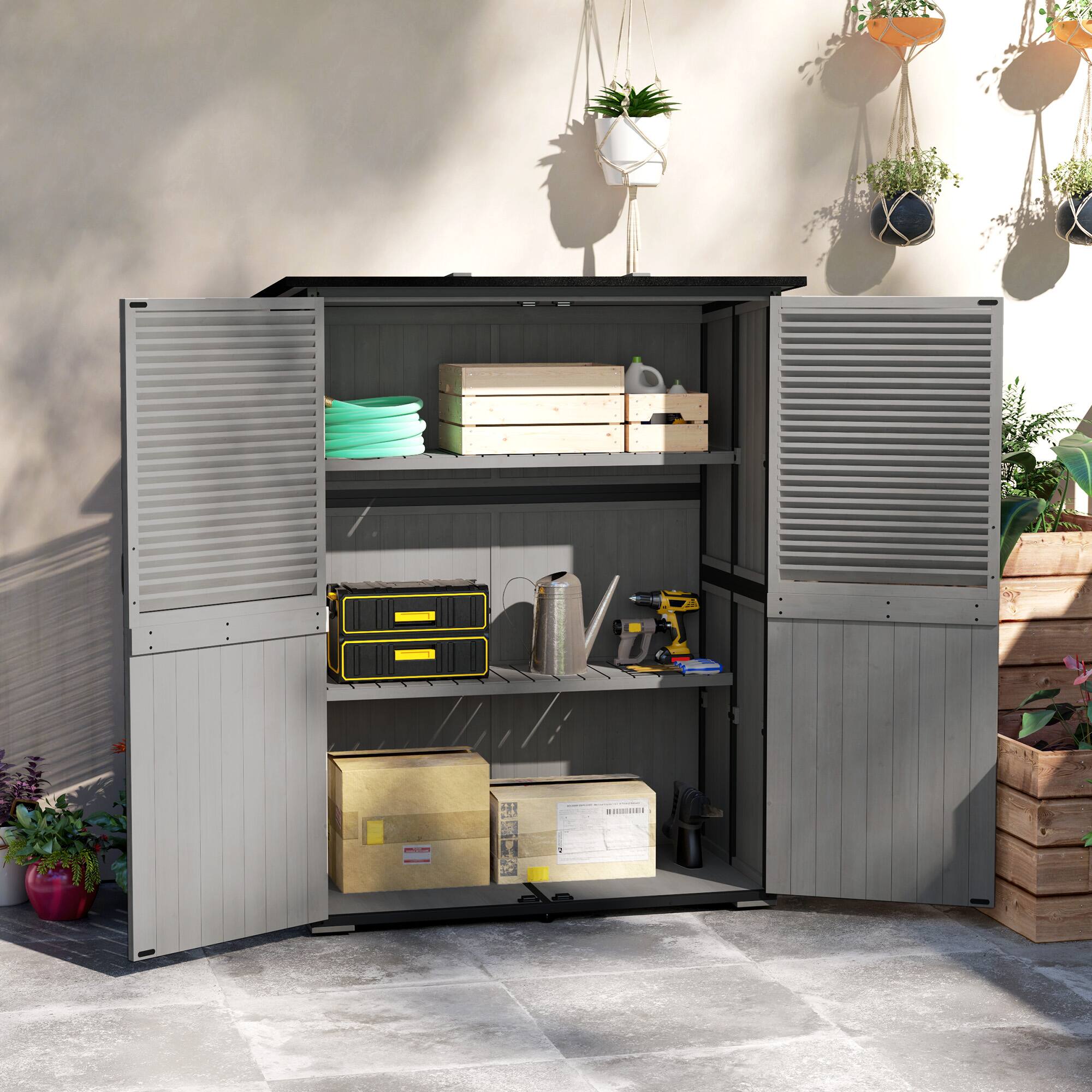 Alt View 1. Outsunny - Outdoor Storage Cabinet, Wood Garden Tool Shed with Lock, Steel Frame and Asphalt Roof, Garden Storage Shed.