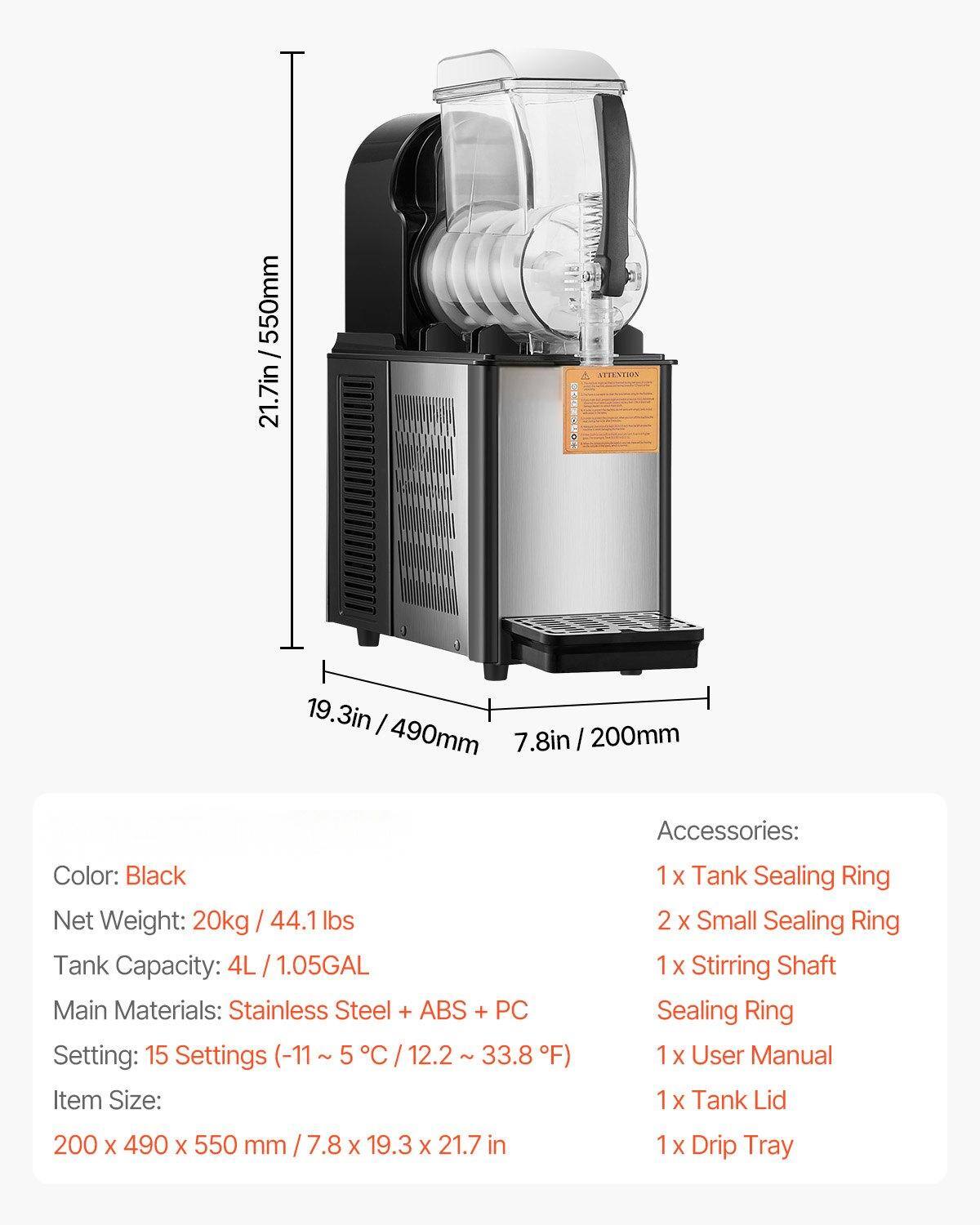 - Color: Black
- Net Weight: 20kg / 44.1 lbs
- Tank Capacity: 4L / 1.05GAL
- Main Materials: Stainless Steel + ABS + PC
- Setting: 15 Settings (-11 ~ 5°C / 12.2 ~ 33.8°F)
- Item Size: 200 x 490 x 550 mm / 7.8 x 19.3 x 21.7 in

Accessories:
- 1 x Tank Sealing Ring
- 2 x Small Sealing Ring
- 1 x Stirring Shaft Sealing Ring
- 1 x User Manual
- 1 x Tank Lid
- 1 x Drip Tray