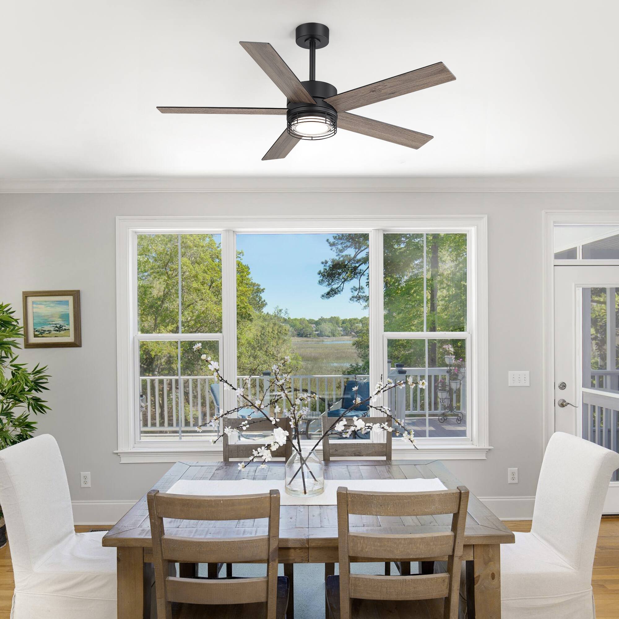 Alt View 5. Breezary - 52-Inch LED Ceiling Fan with 5 Reversible Blades, Dimmable 3-Color Light, Quiet DC Motor & Remote, 6&10" Downrods - Black and wood grain finish.