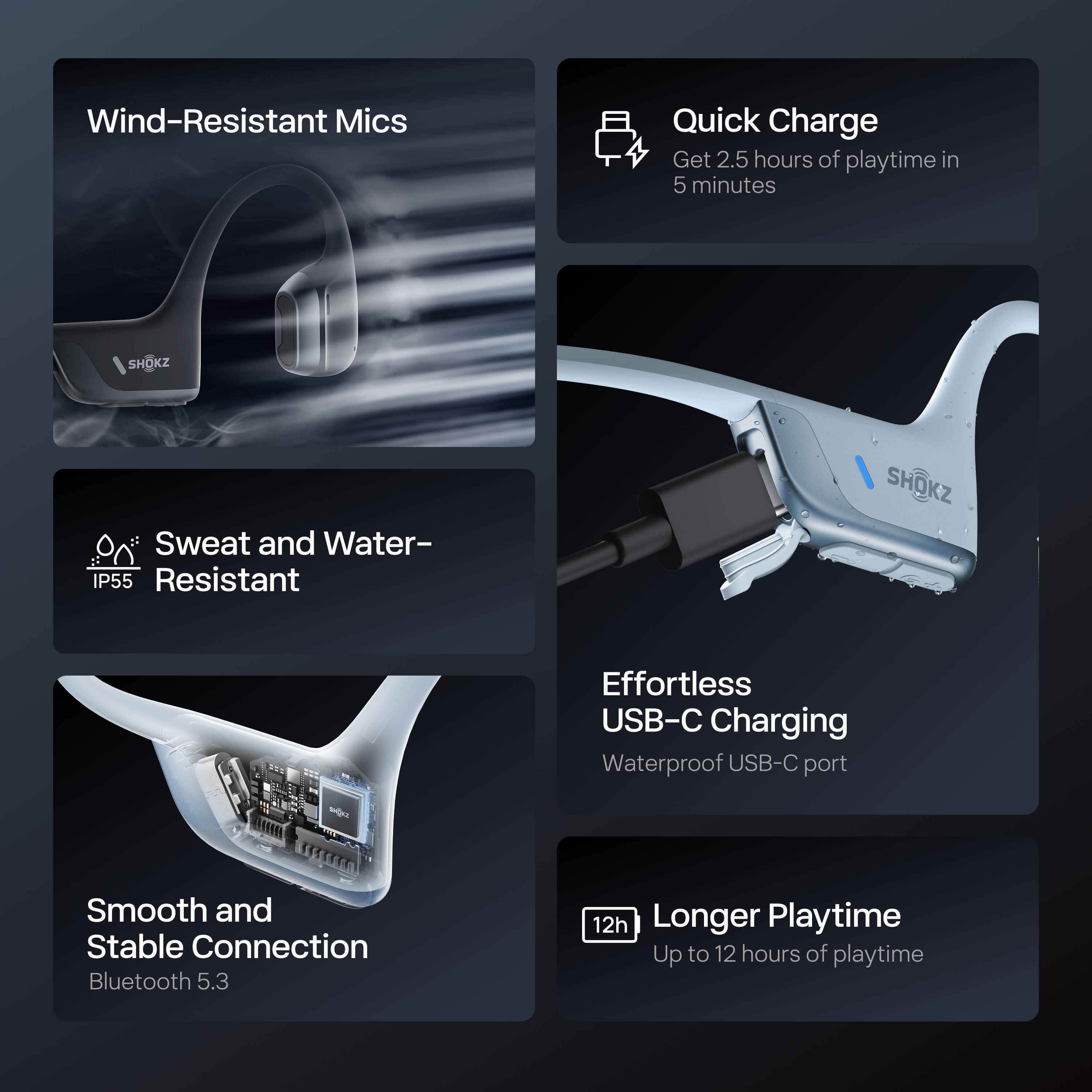 - Wind-Resistant Mics
- Quick Charge: Get 2.5 hours of playtime in 5 minutes
- Sweat and Water-Resistant (IP55)
- Effortless USB-C Charging: Waterproof USB-C port
- Smooth and Stable Connection: Bluetooth 5.3
- Longer Playtime: Up to 12 hours of playtime