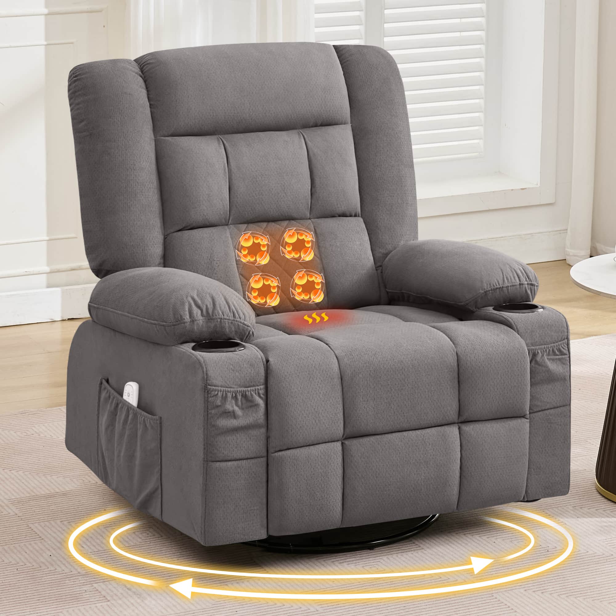TinyHomie - Recliner Chair with 4-Point 3D Kneading Massage and Heat with Rocking Function and 2 Cup Holders USB Charge Port - Gray