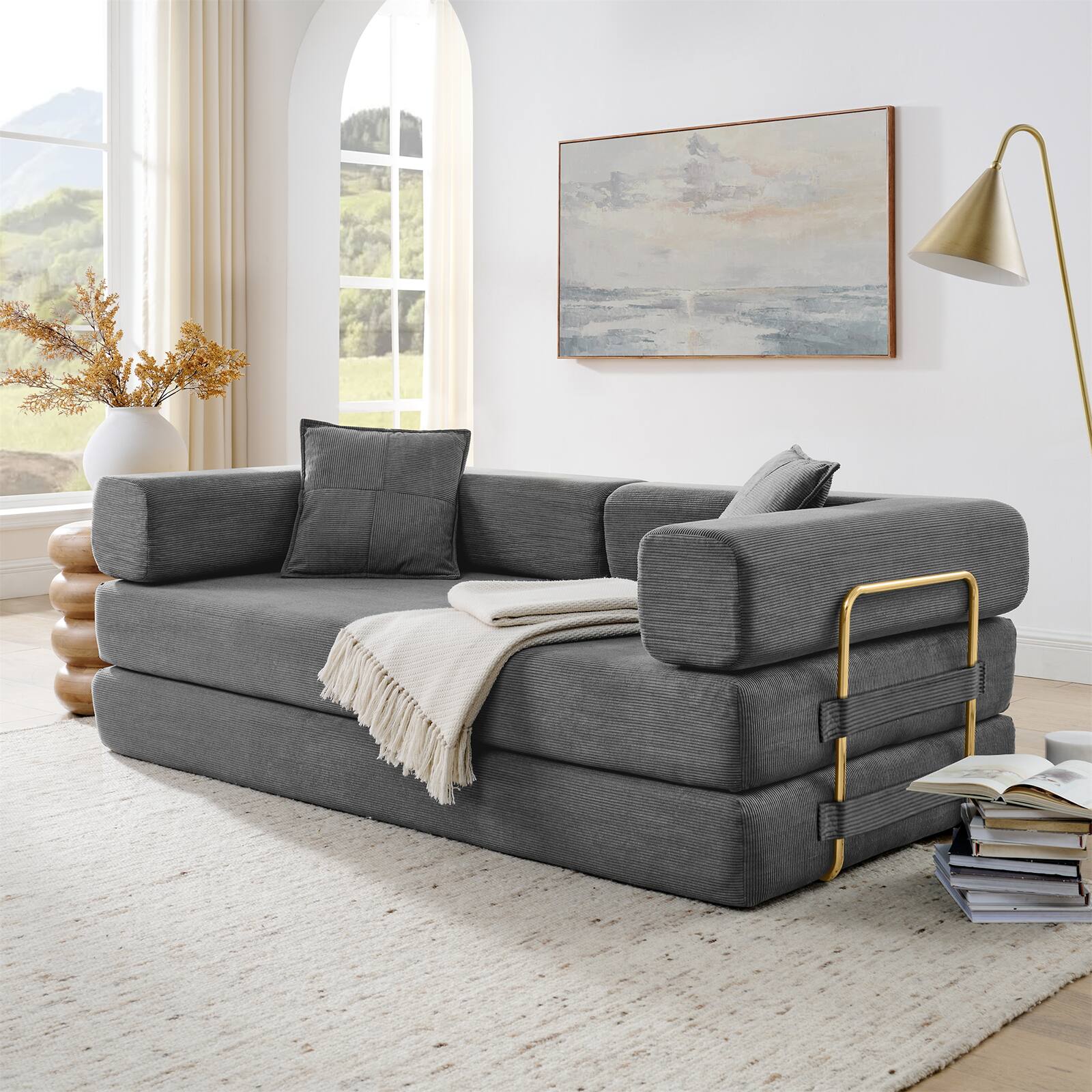 Left. Trinkets Crazed - 4-In-1 Free Combination Loveseat Convertible Sleeper Sofa Bed Floding Futon Couch Corduroy Modular Sofa Couch - Grey.