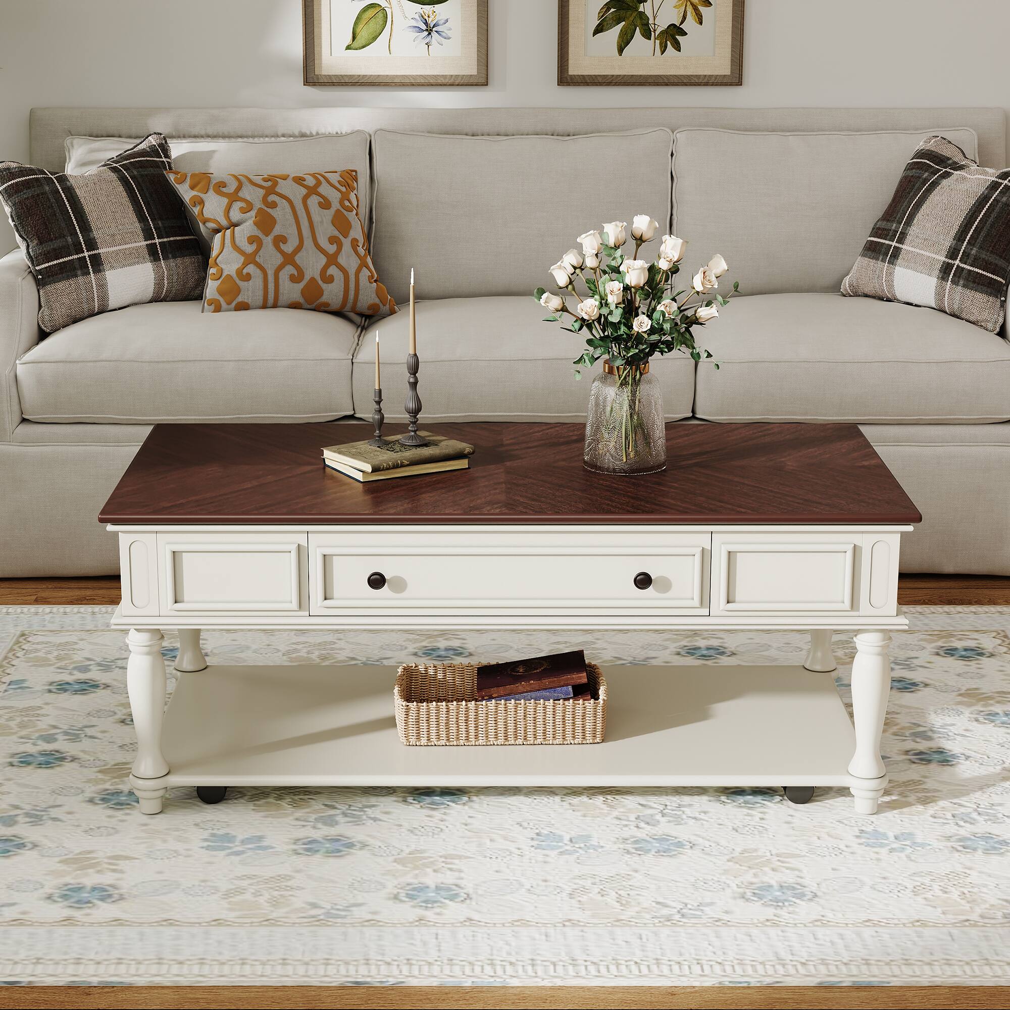 Angle. Tiramisubest - Farmhouse Coffee Table with One Drawer,Retro Movable Rectangular Center Table with Lockable Wheels,Walnut+White - White+Walnut.
