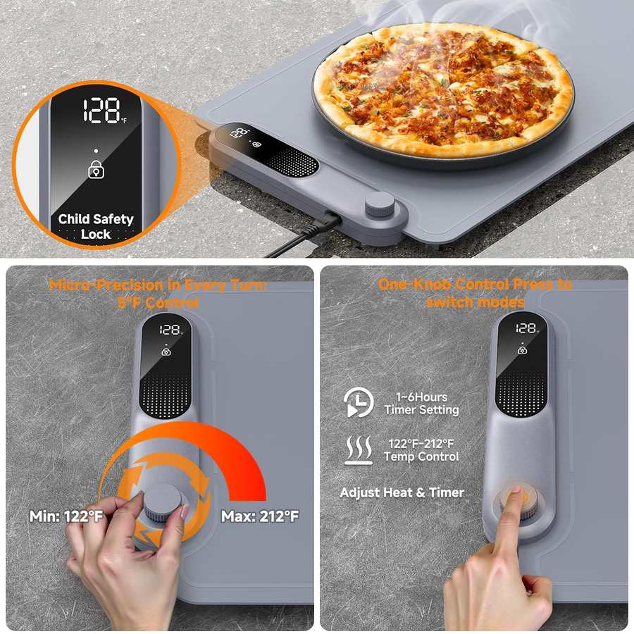 128.

Child Safety Lock

Micro-Precision in Every Turn 5'F Control

One-Knob Control Press to switch modes

1-6Hours Timer Setting

122F-212F Temp Control

Min: 122F

Max: 212F

Adjust Heat & Timer
