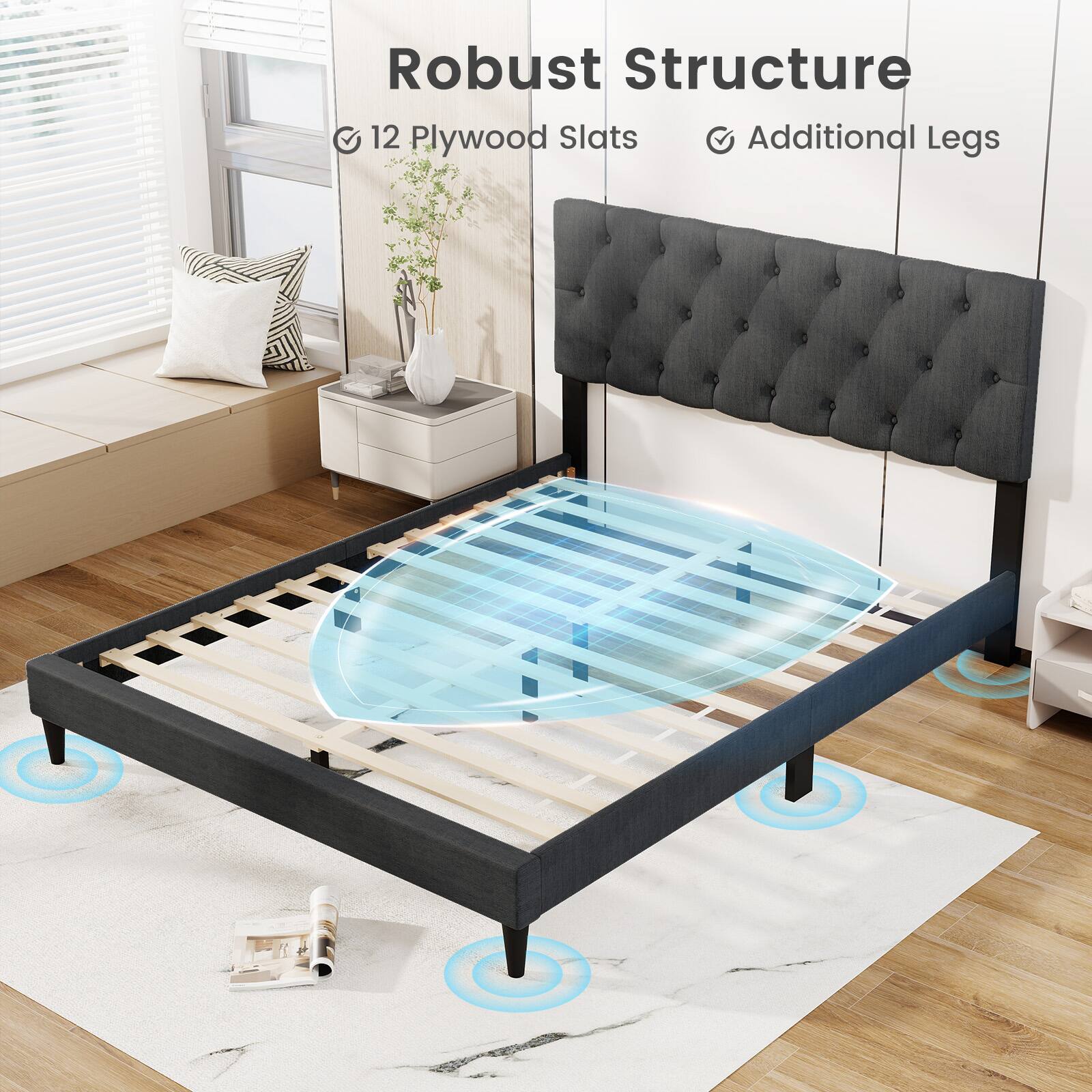 Robust Structure  
12 Plywood Slats  
Additional Legs