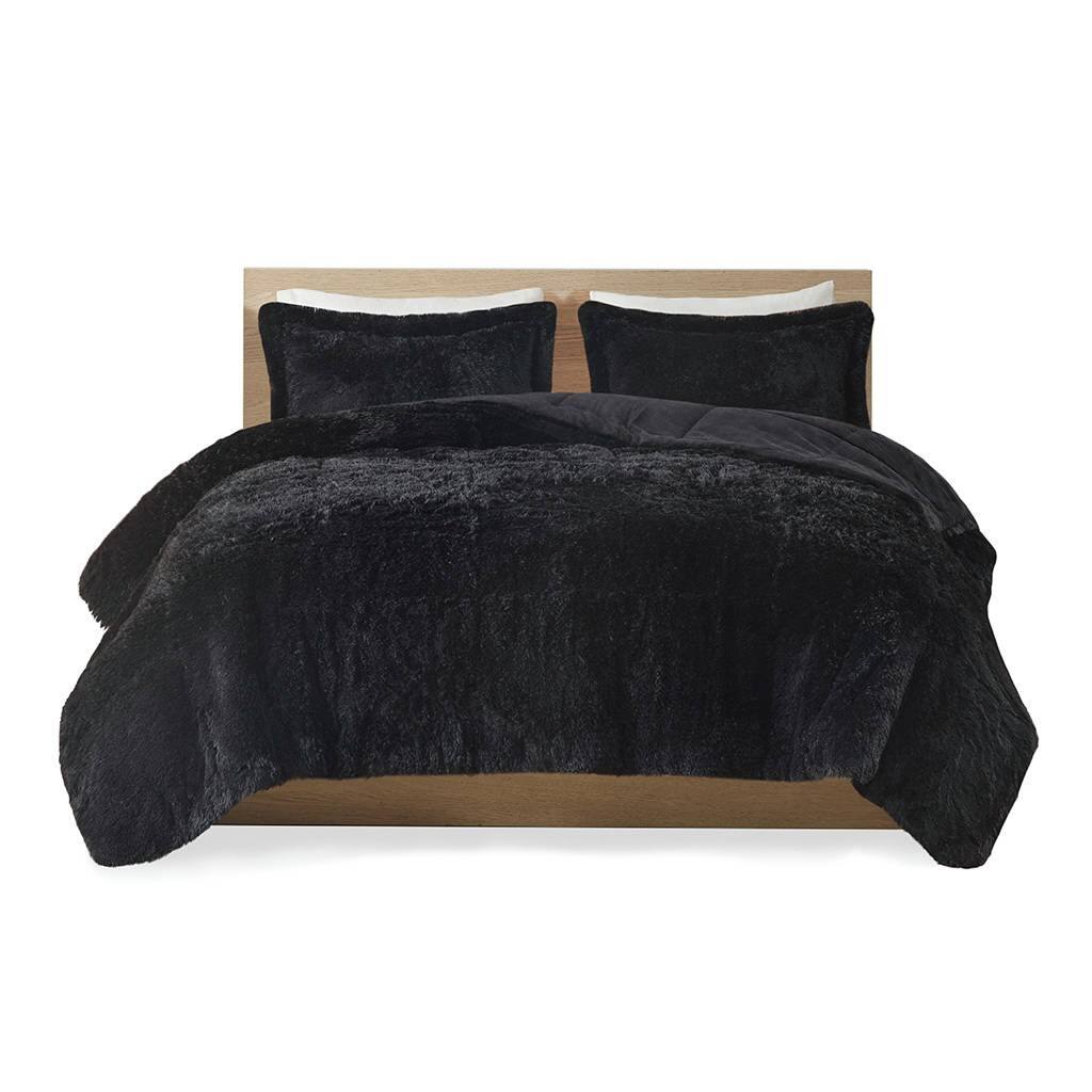 Back. Hivvago - Full/Queen Black Soft Sherpa Faux Fur 3-Piece Comforter Set with Pillow Shams - Black.