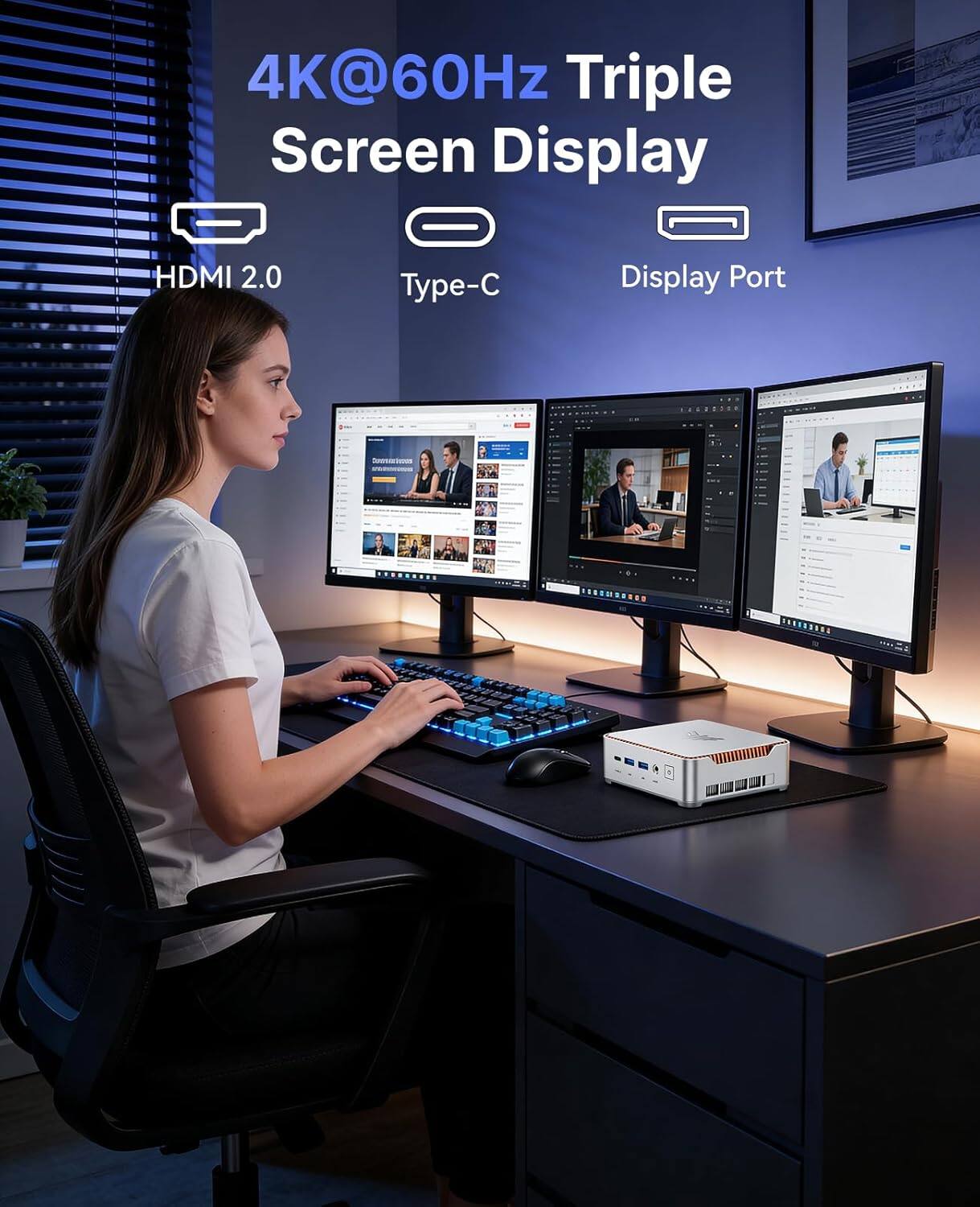 4K@60Hz Triple Screen Display HDMI 2.0 Type-C Display Port