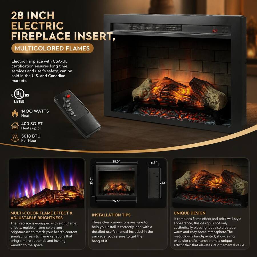 Wall With Inset RYHNUYNE 28 Inch Electric Fireplace Insert – Multicolored Flames with 3 ...