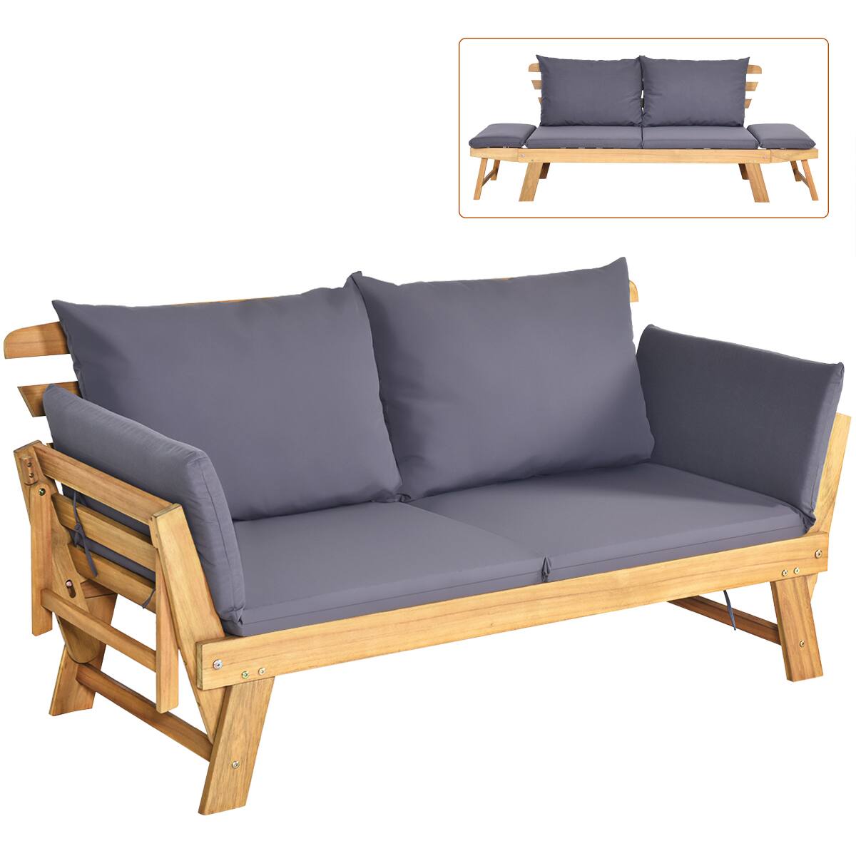 Front. Costway - Costway Patio Sofa Daybed Wood Adjustable Furniture W/Thick Cushion - Dark Grey.