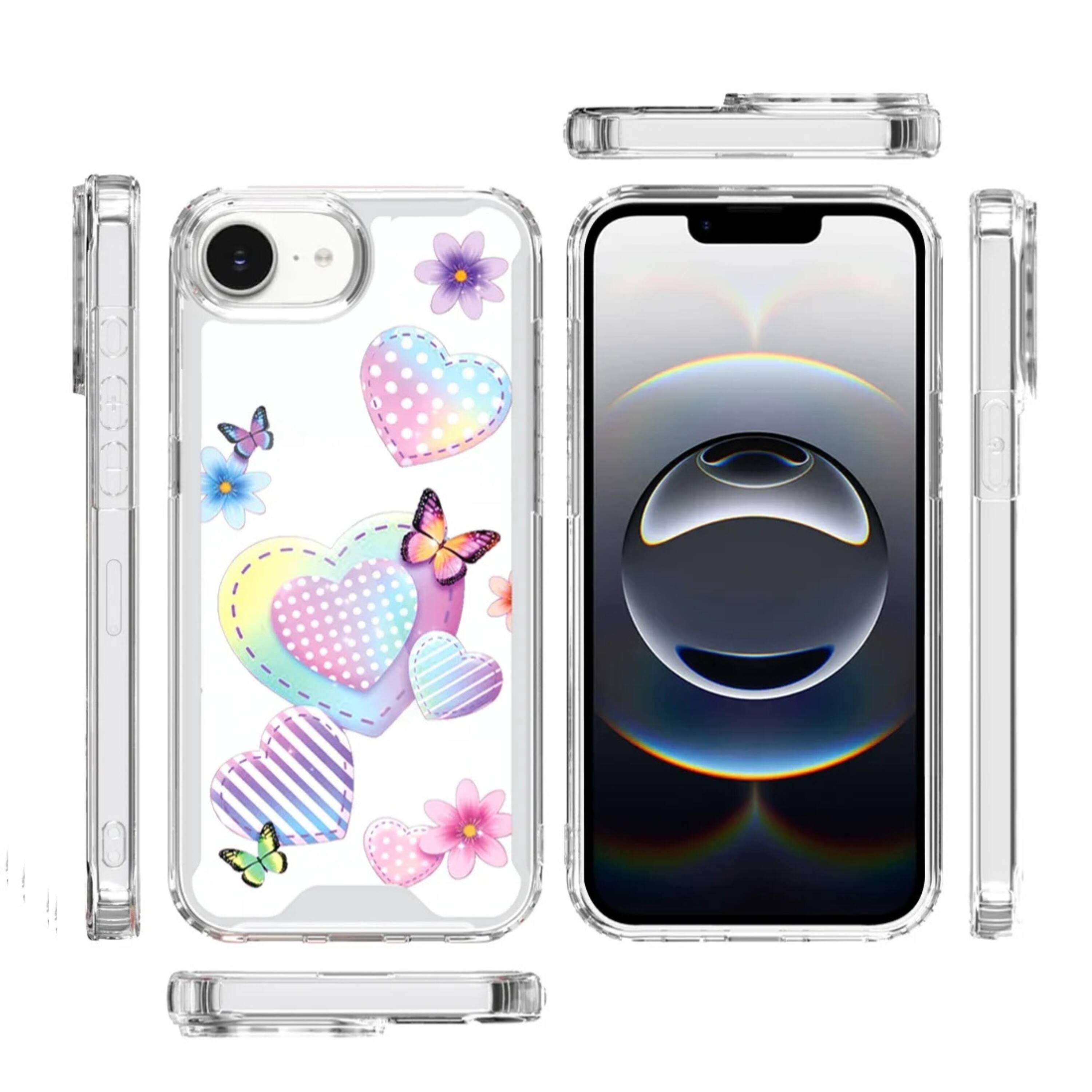 Angle. Kitcheniva - Cute Print Design Clear TPU Phone Case With Tempered Glass For iPhone 16e 17e Pastel Hearts - White.