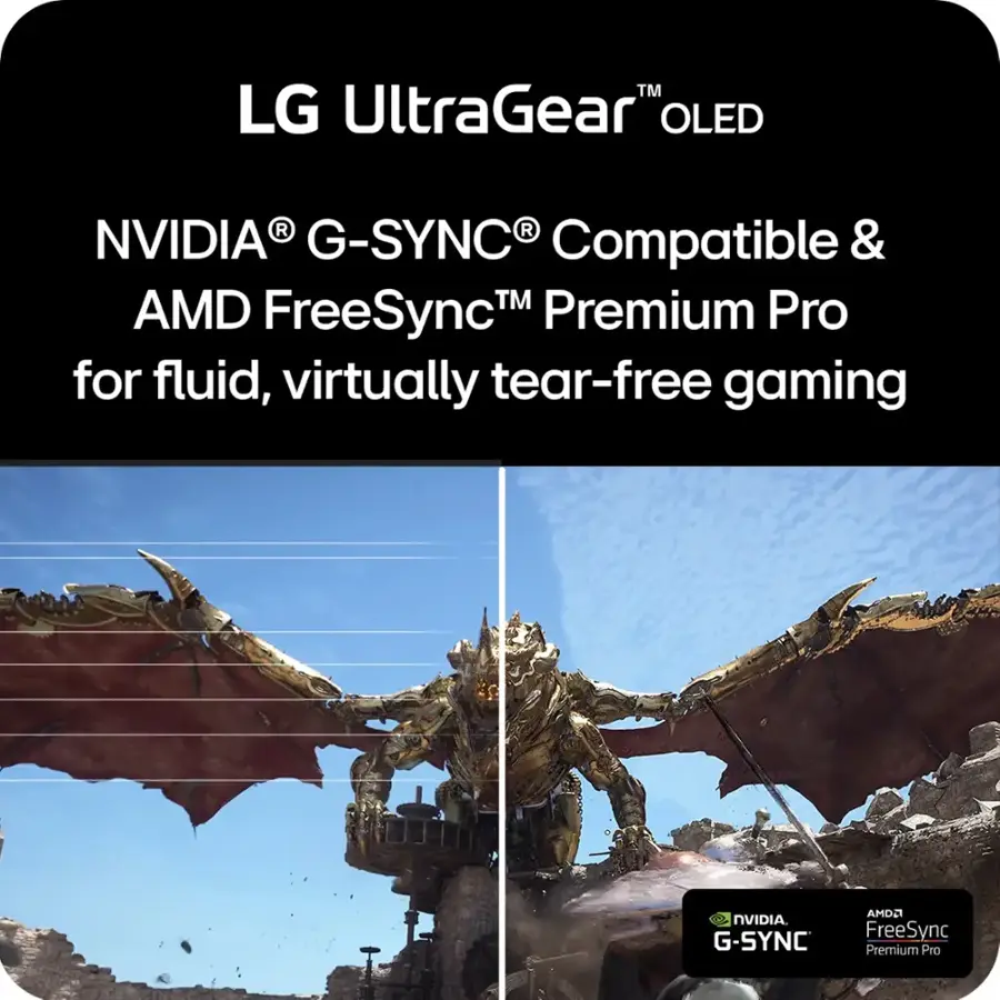 TM LG UltraGear OLED NVIDIA G-SYNC Compatible & AMD FreeSync Premium Pro for fluid, virtually tear-free gaming.