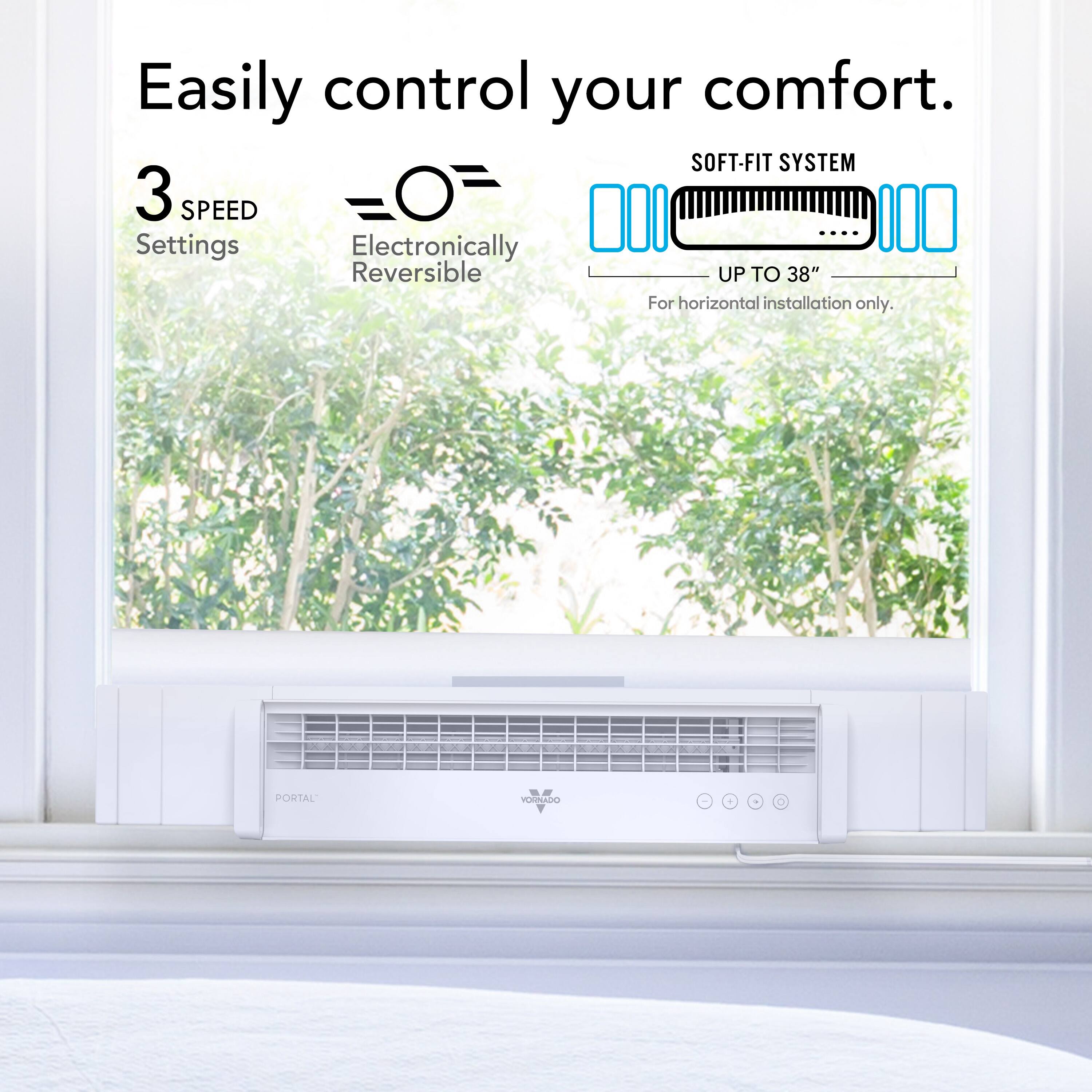 Easily control your comfort with the Soft-Fit System. This unit has 3 speed settings and is electronically reversible, making it suitable for horizontal installation only. The Portal Vornado 3 is designed to provide optimal performance and comfort for your home.