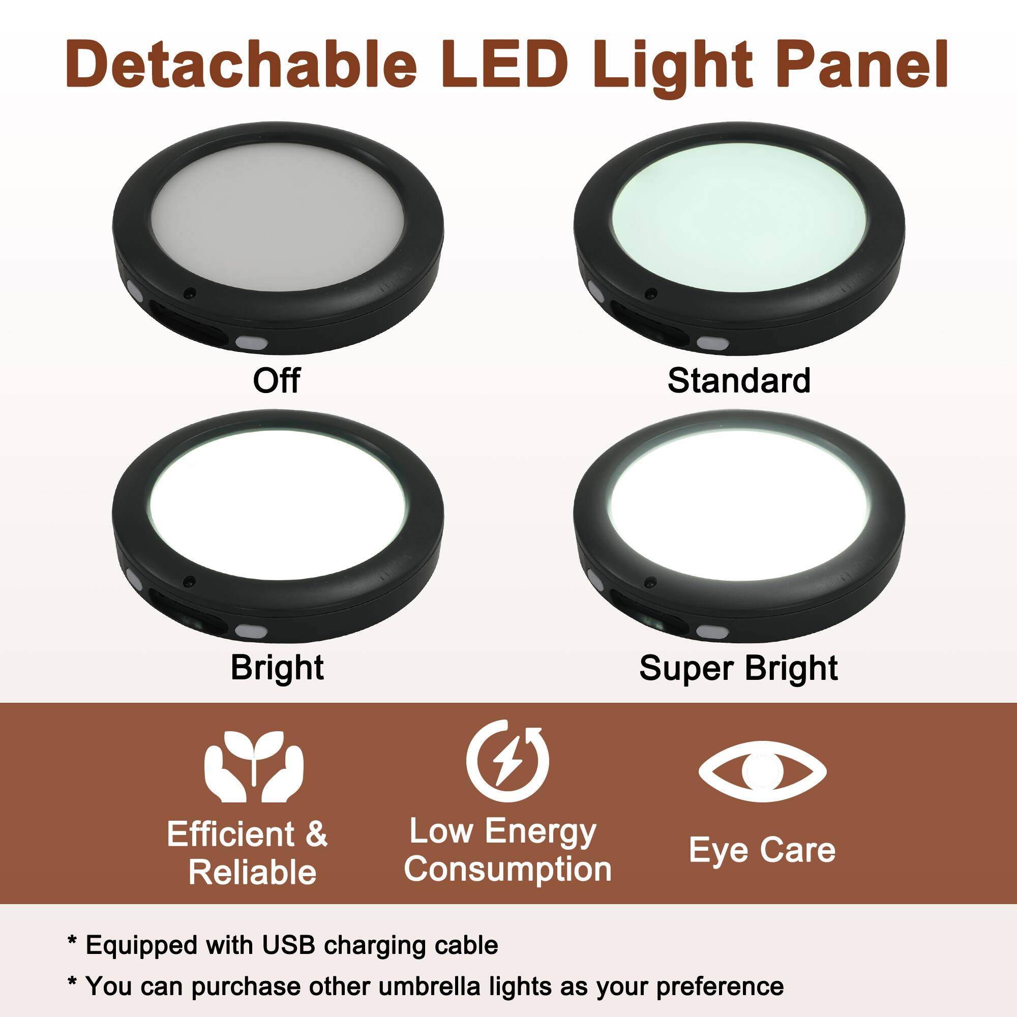 Detachable LED Light Panel

- Off
- Standard
- Bright
- Super Bright

Efficient & Reliable  
Low Energy Consumption  
Eye Care

* Equipped with USB charging cable  
* You can purchase other umbrella lights as your preference