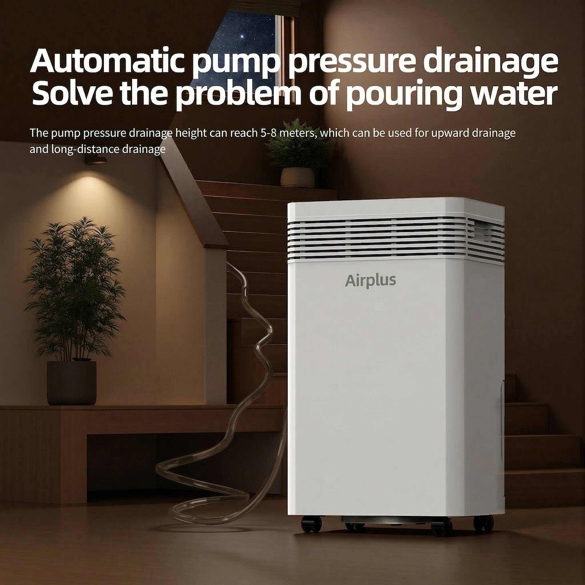 Automatic pump pressure drainage  
Solve the problem of pouring water  

The pump pressure drainage height can reach 5-8 meters, which can be used for upward drainage and long-distance drainage  

Airplus