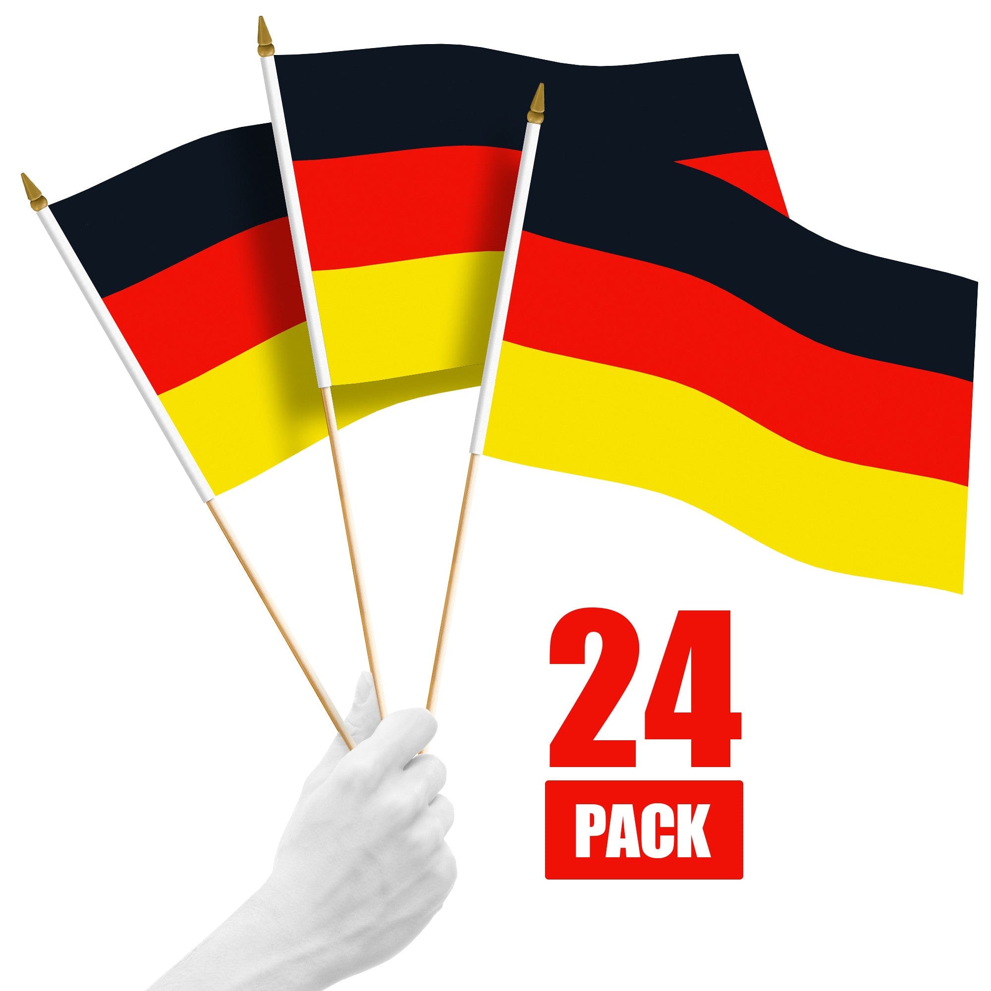 G128 - 24-Pack Handheld Germany Stick Flags, 12 x 18 in, 150D Polyester with Wooden Stick and Gold Spear Tip - Assorted Colors