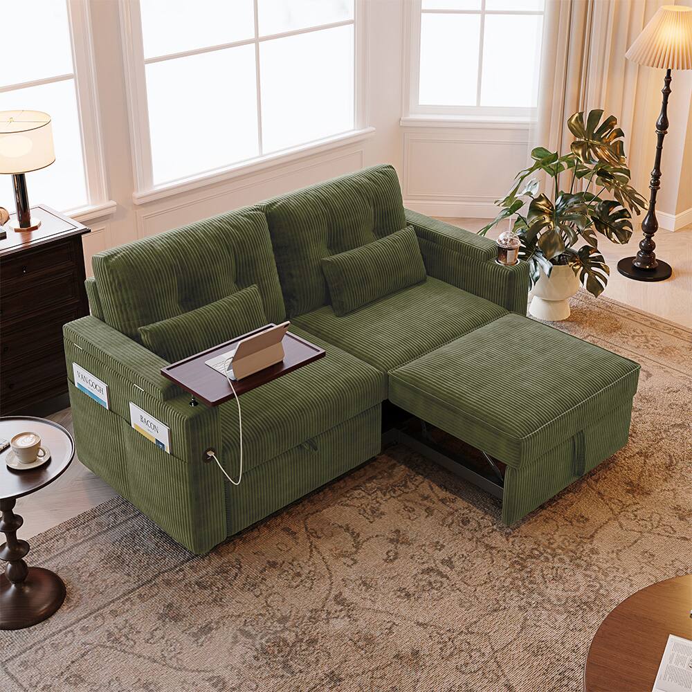 Angle. Anysun - 3-in-1 Folding Convertible Sofa Bed with Corduroy Fabric, 360° Swivel Side Table, USB Charging & Hidden Storage - Coffee.